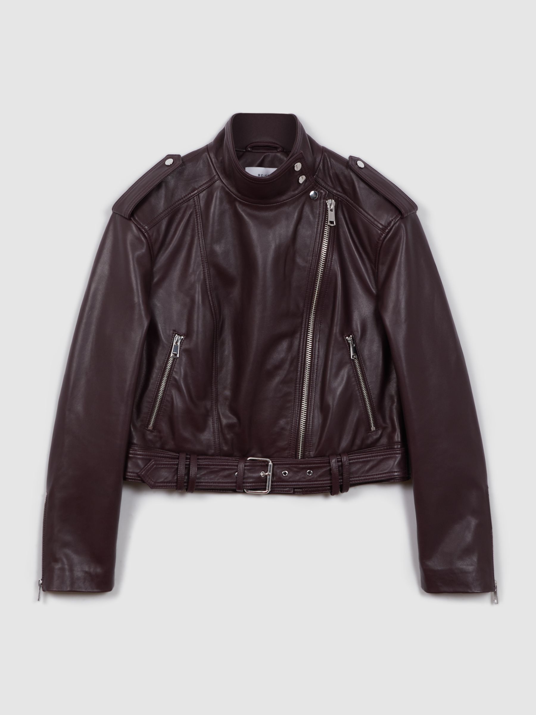 Reiss Cropped Leather Biker Jacket in Berry REISS