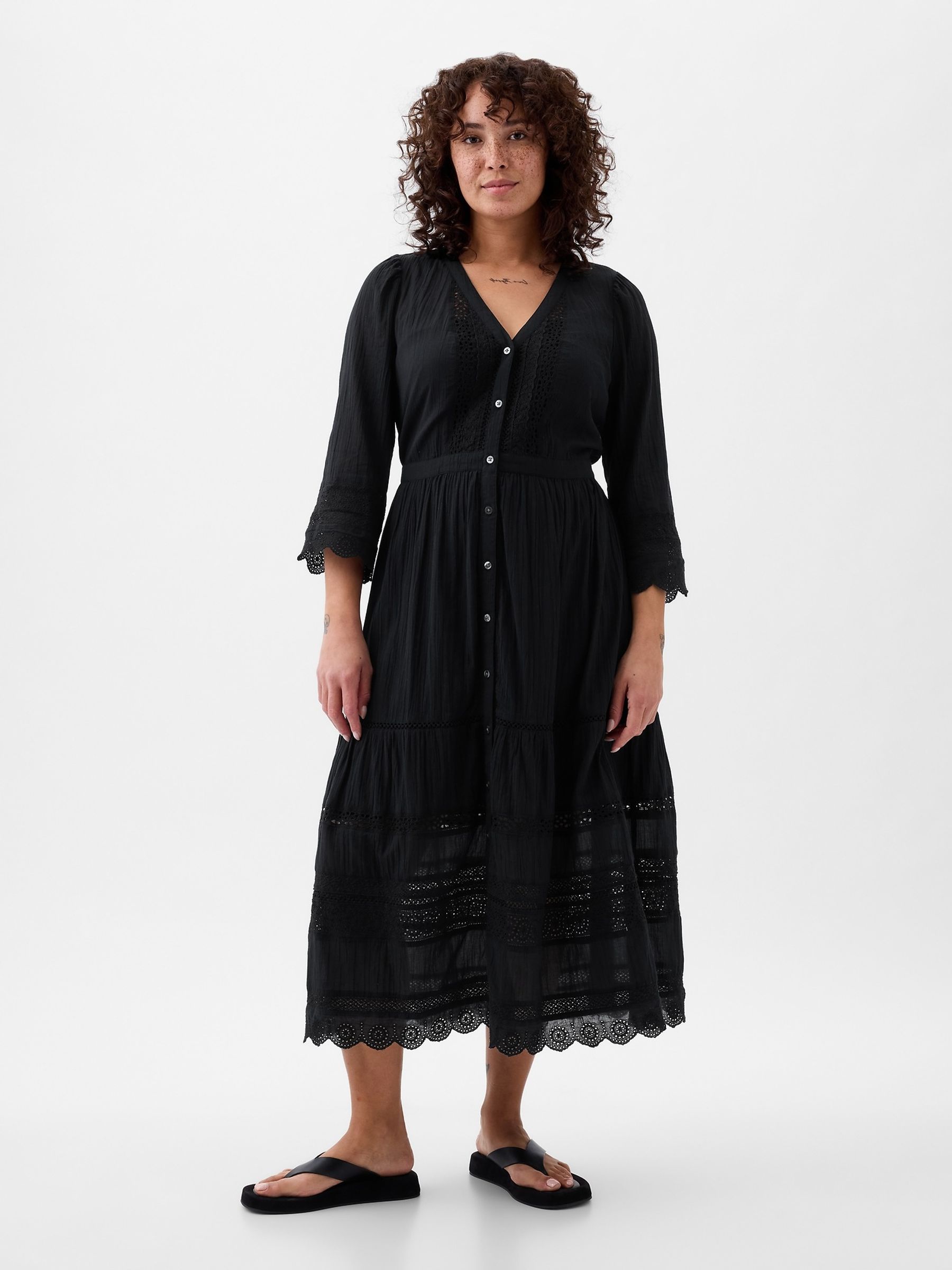 Black Crinkle Cotton Lace 3 4 Sleeve Midi Dress
