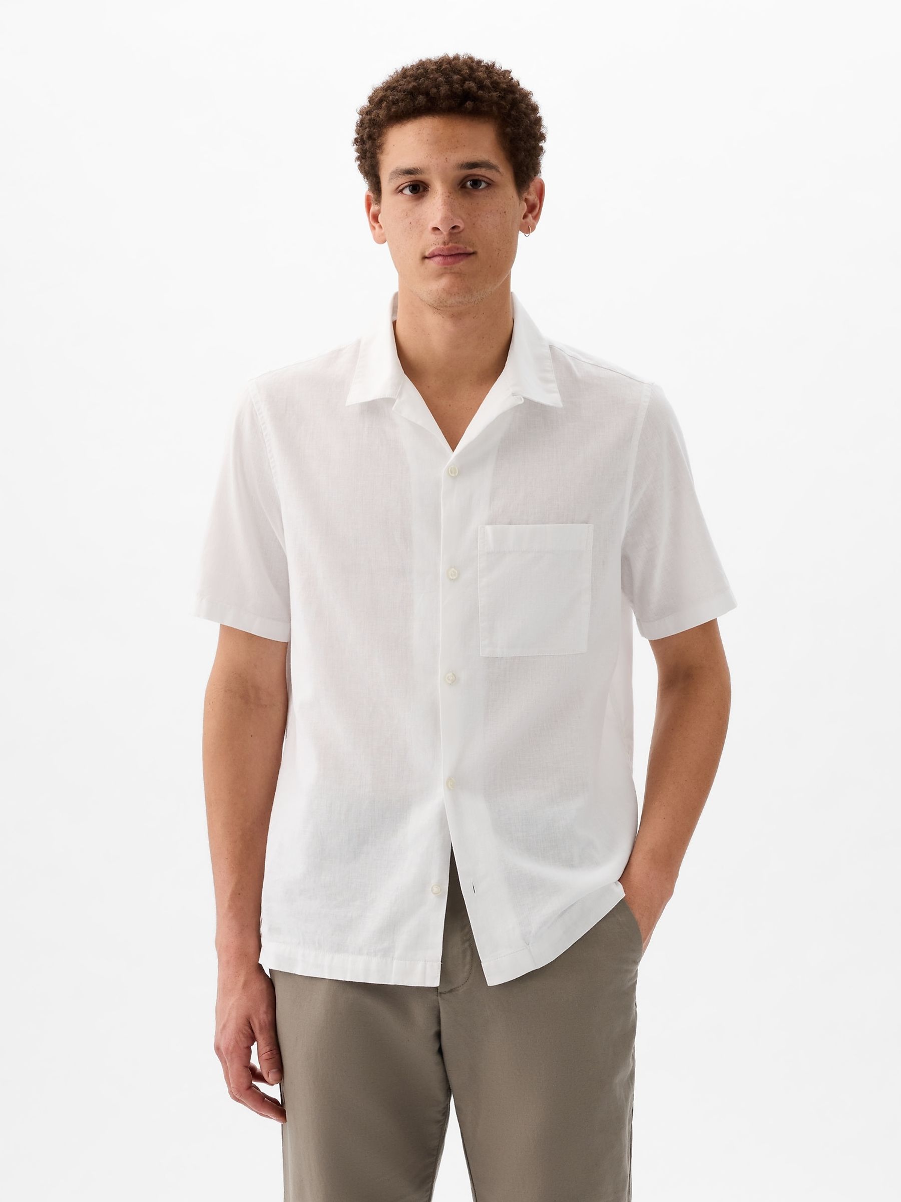 White linen short sleeve shirt top