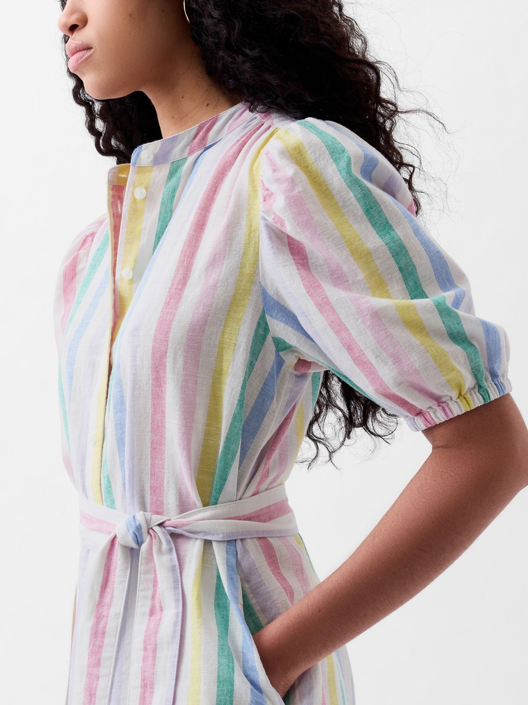 Buy White Rainbow Linen Blend Short Puff Sleeve Mini Shirt Dress from the Gap online shop