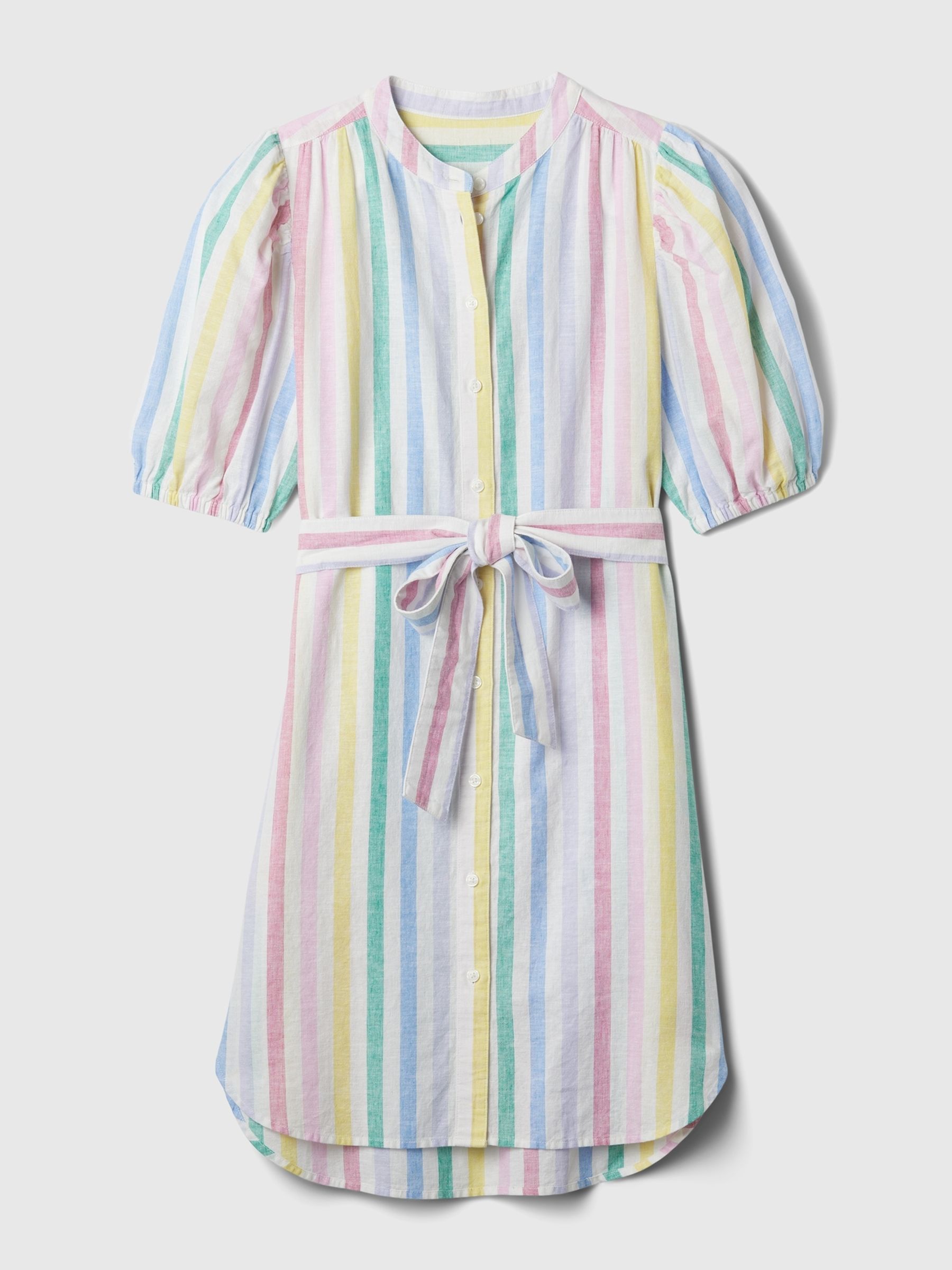 White Rainbow Linen Blend Short Puff Sleeve Mini Shirt Dress