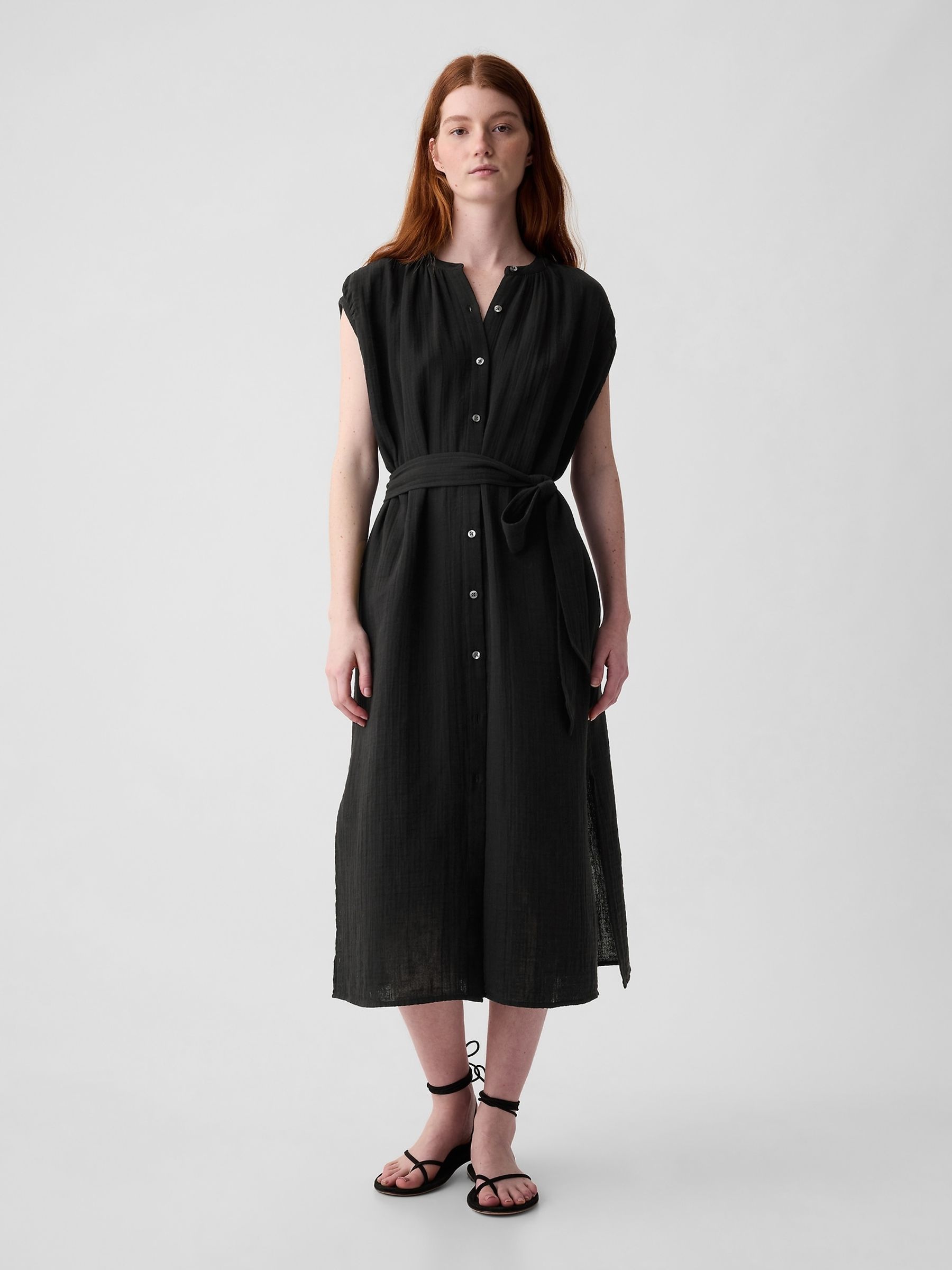 Black Crinkle Cotton Belted Midi Shirt Dress