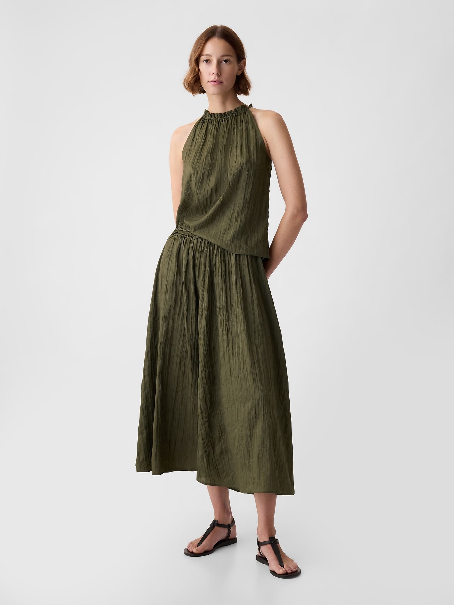 Green Crinkle Pull On Midi Skirt