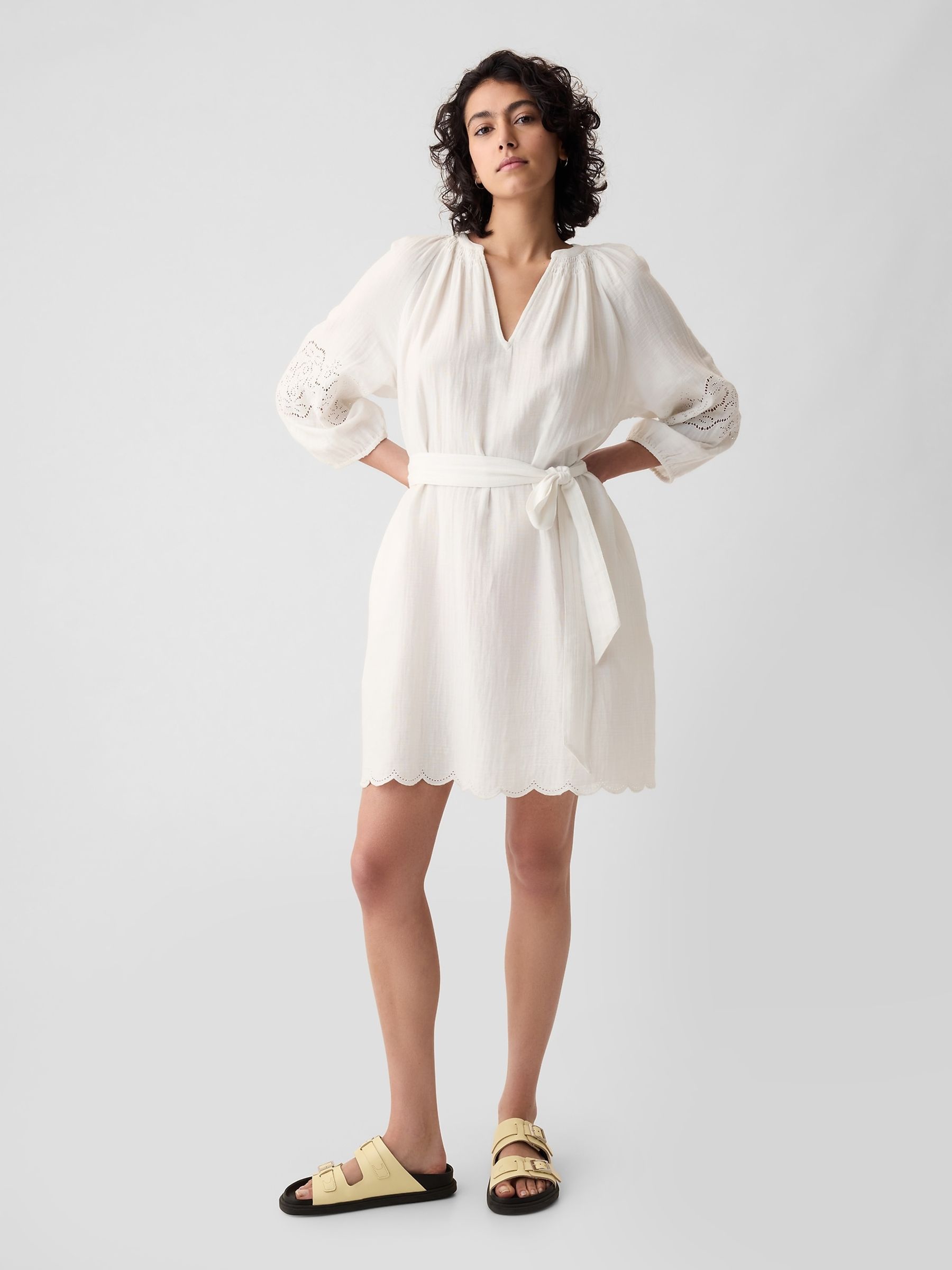 White Crinkle Cotton Embroidered Elbow Sleeve Mini Dress