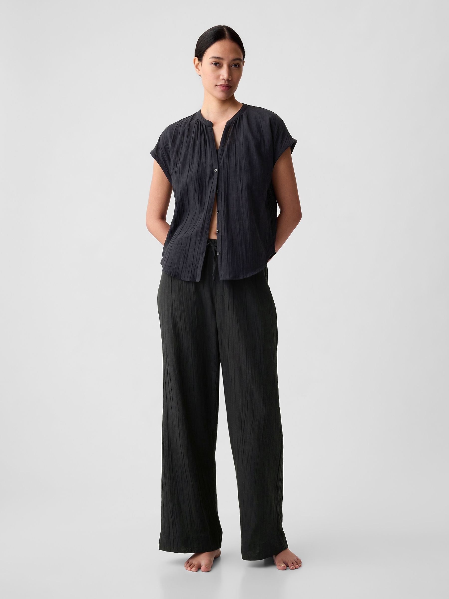 Black Crinkle Cotton Wide Leg Pyjama Trousers