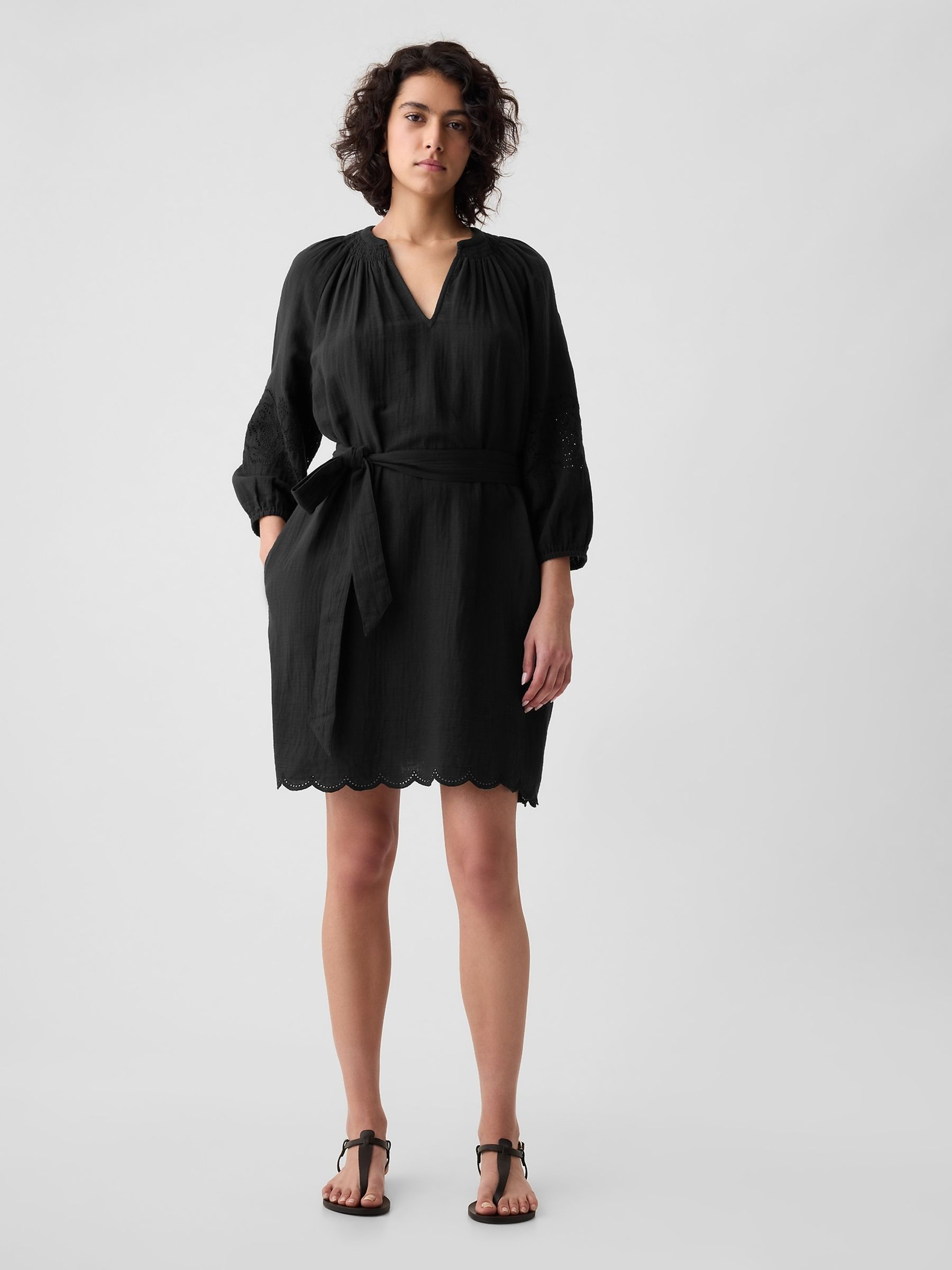 Black Crinkle Cotton Embroidered Elbow Sleeve Mini Dress