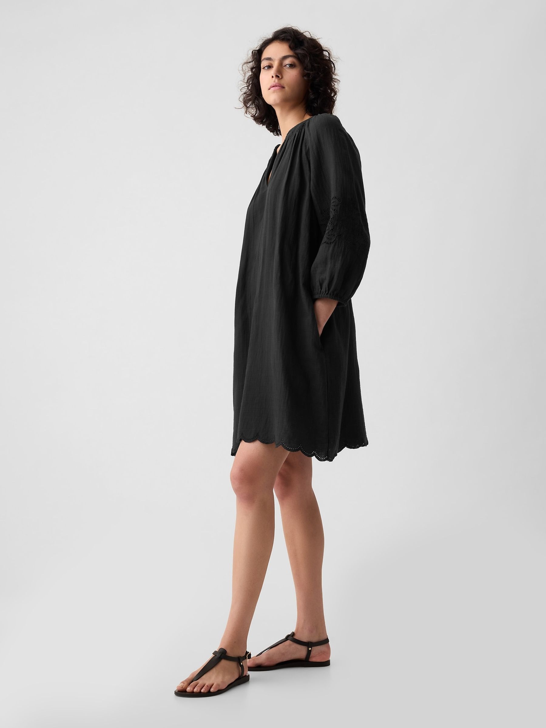 Black Crinkle Cotton Embroidered Elbow Sleeve Mini Dress