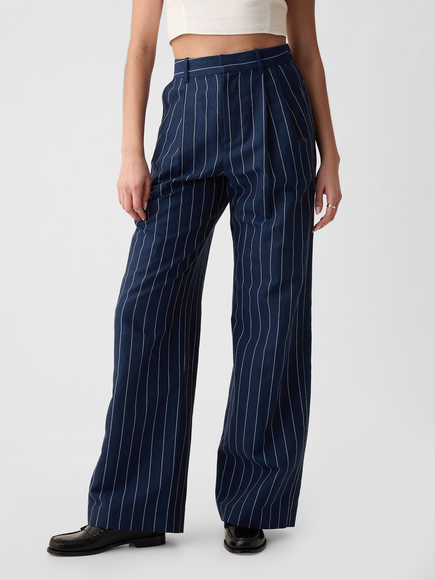 Navy blue pinstripe pants on sale