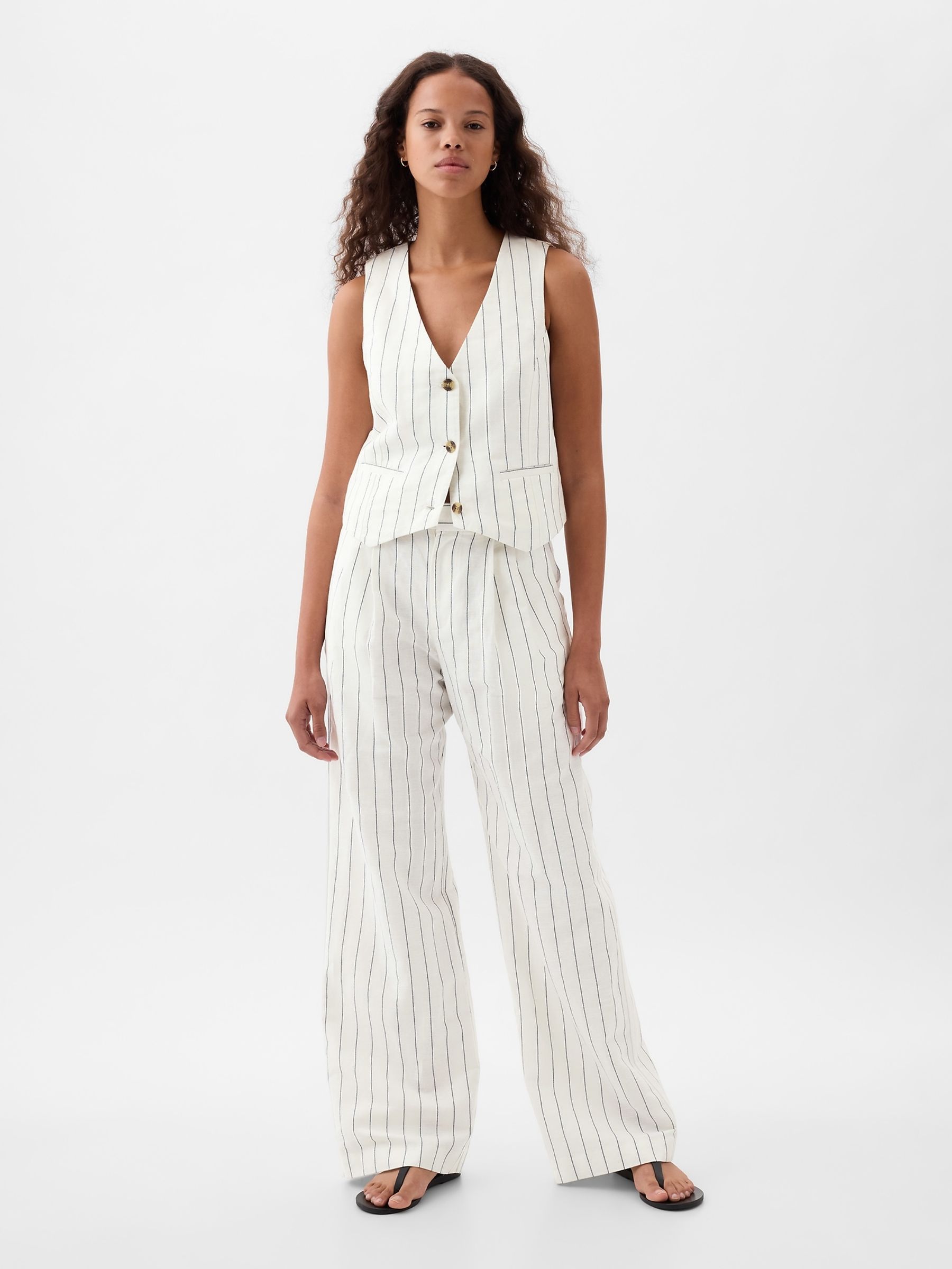 Buy White Navy Stripe High Waisted Linen Cotton Trousers from the Gap online shop