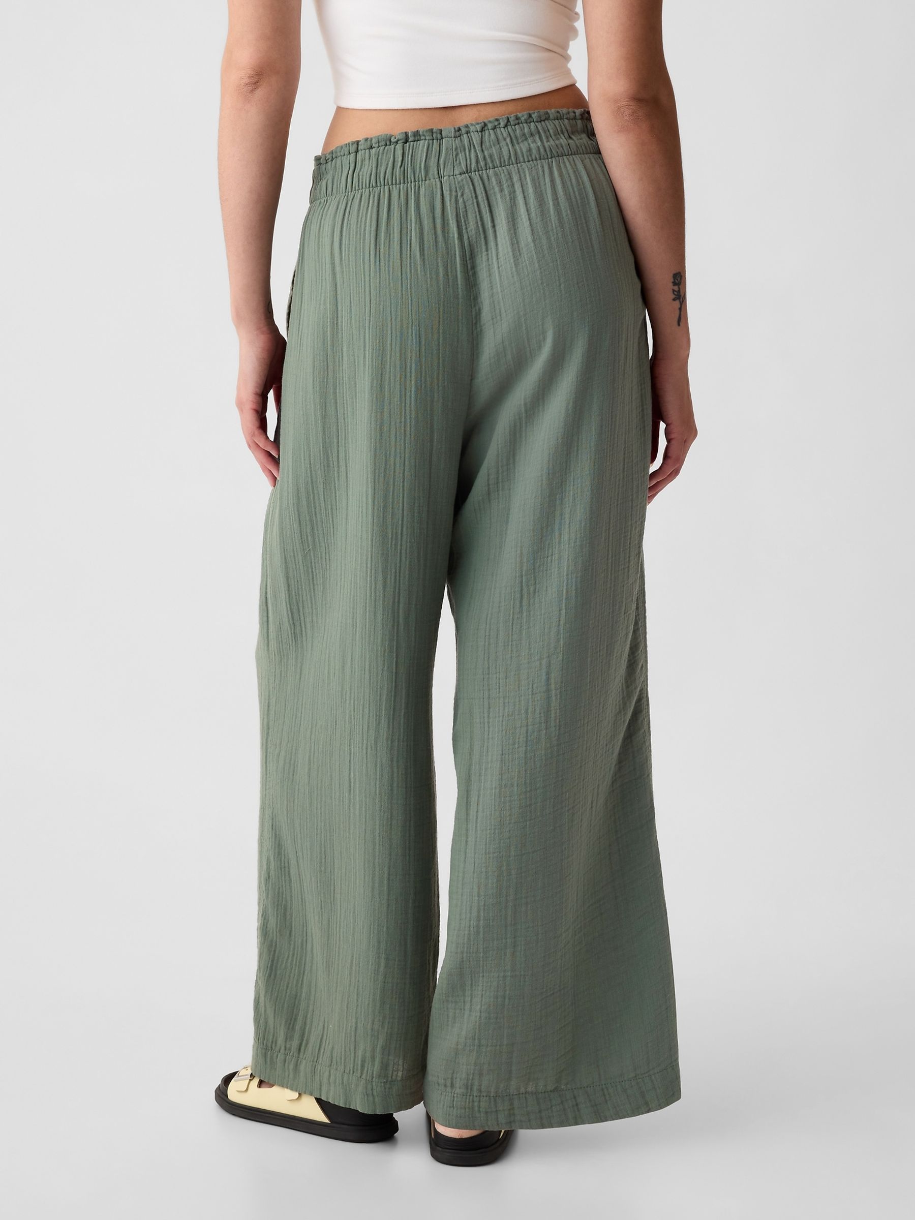 Green Crinkle Cotton Wide Leg Pull On Trouser