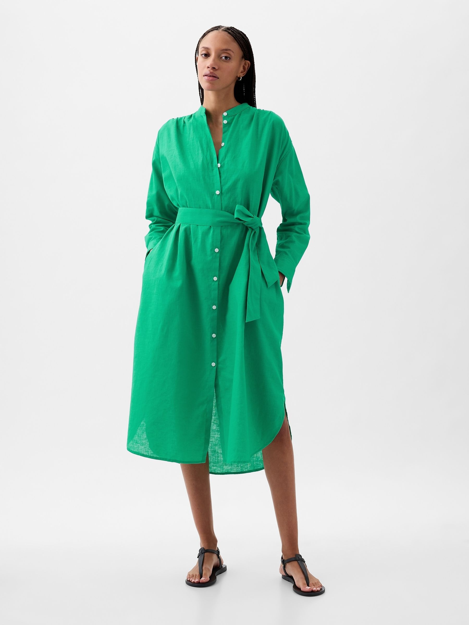 Green Linen Blend Long Sleeve Shirt Dress