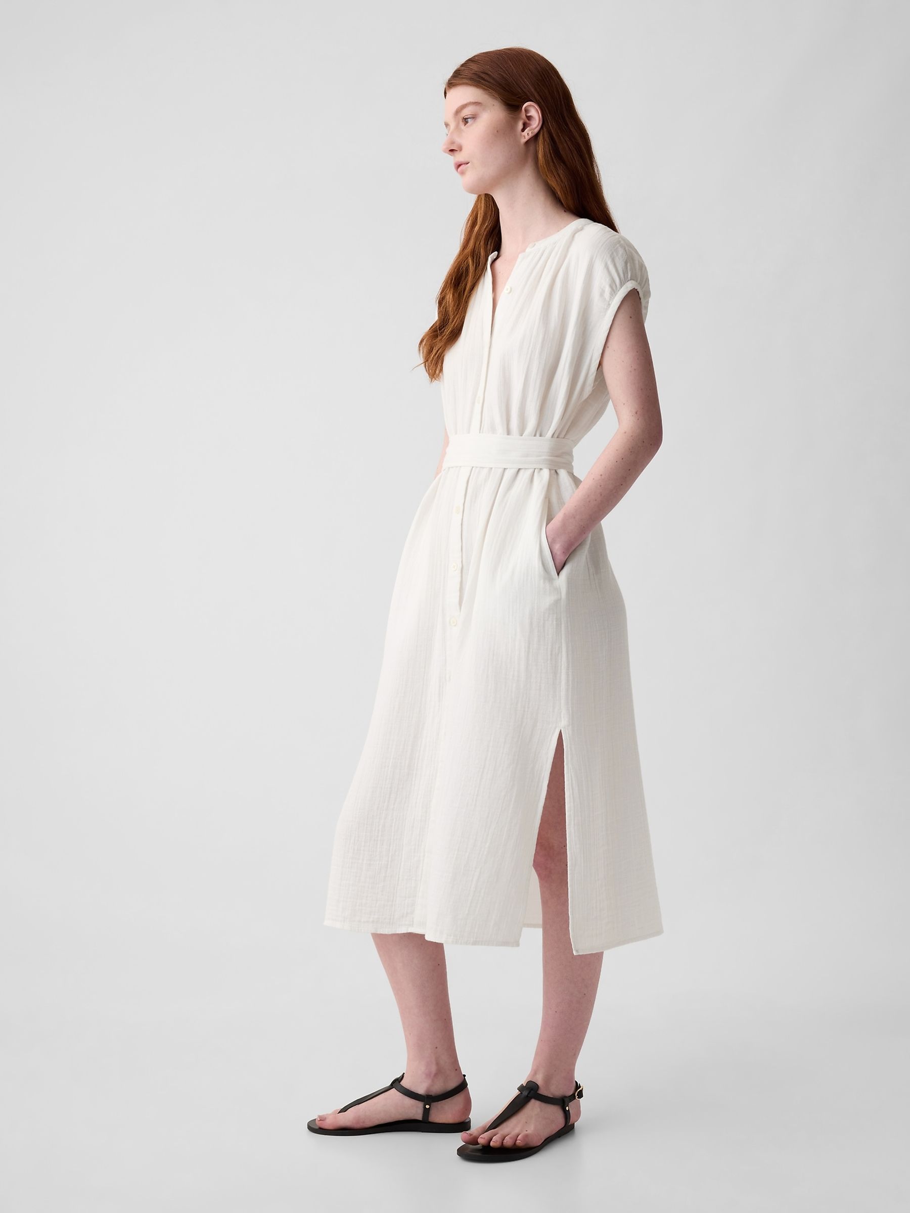 White Crinkle Cotton Belted Midi Shirt Dress