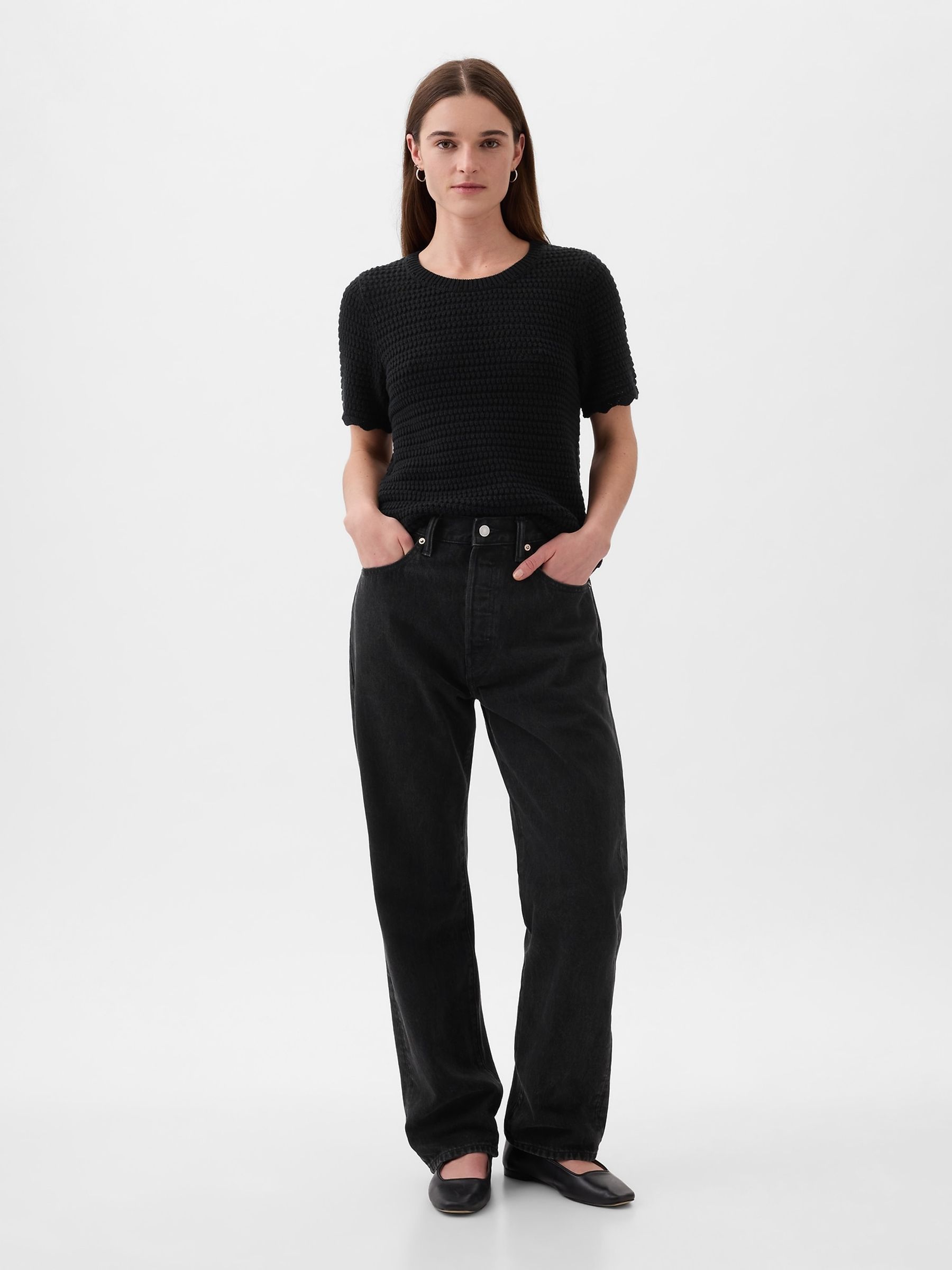 Black Crochet Crew Neck Short Sleeve Knit Jumper