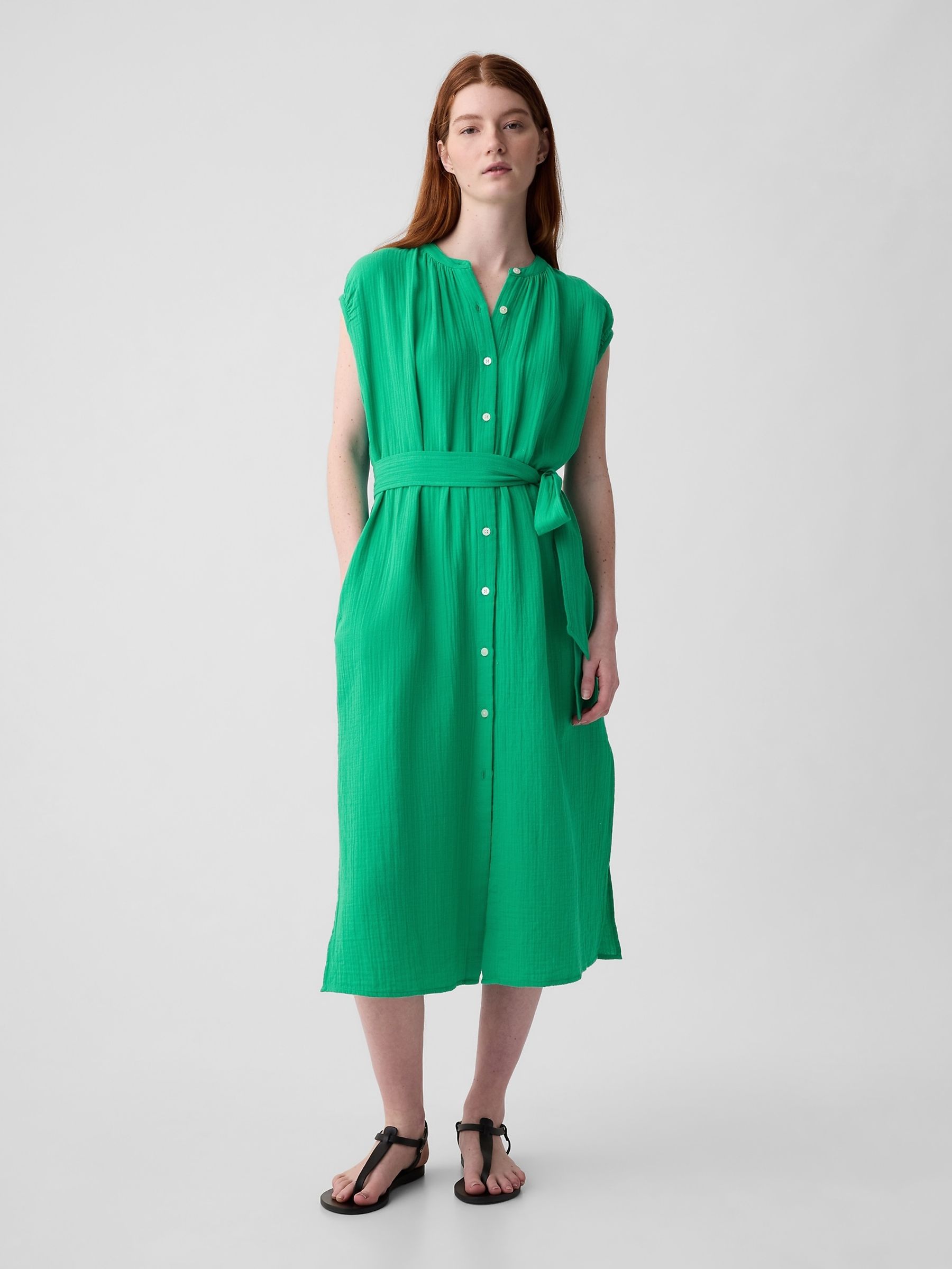 Green Crinkle Cotton Belted Midi Shirt Dress