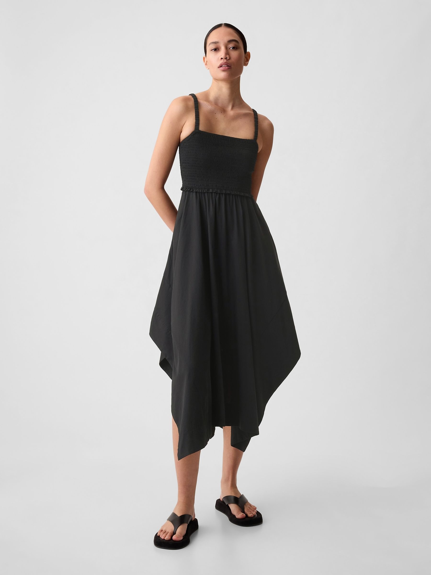Buy Black Smocked Handkerchief Hem Midi Dress from the Gap online shop
