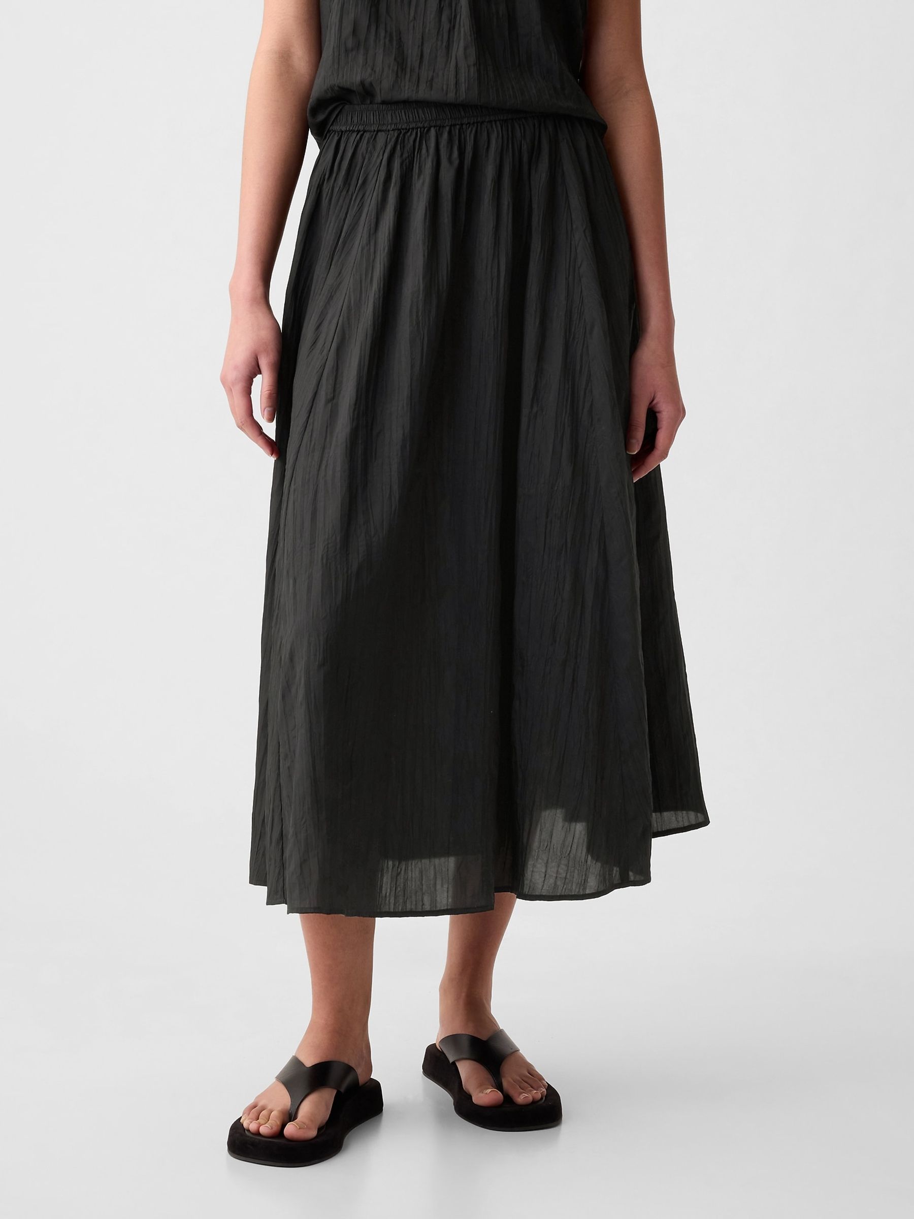 Black Crinkle Pull On Midi Skirt