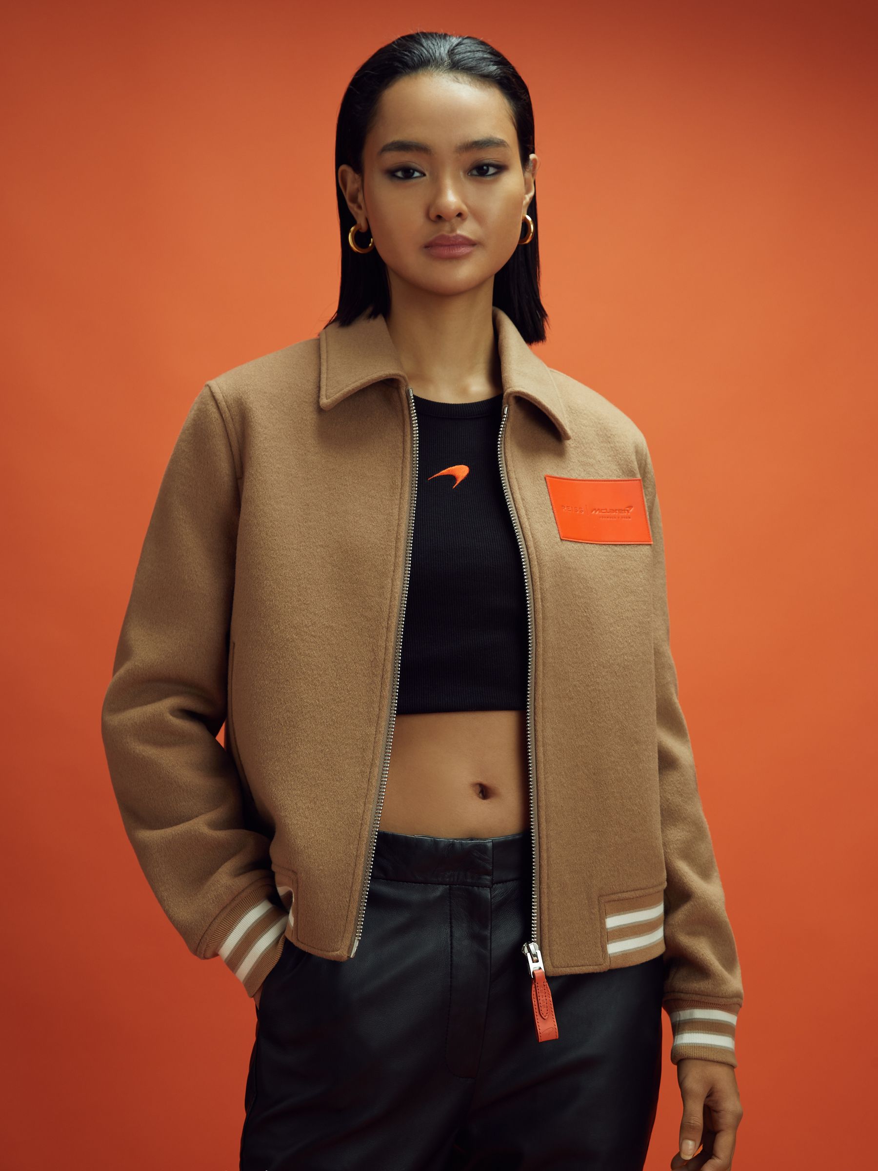 Wool Blend Leather Patch Varsity Bomber Jacket in Camel