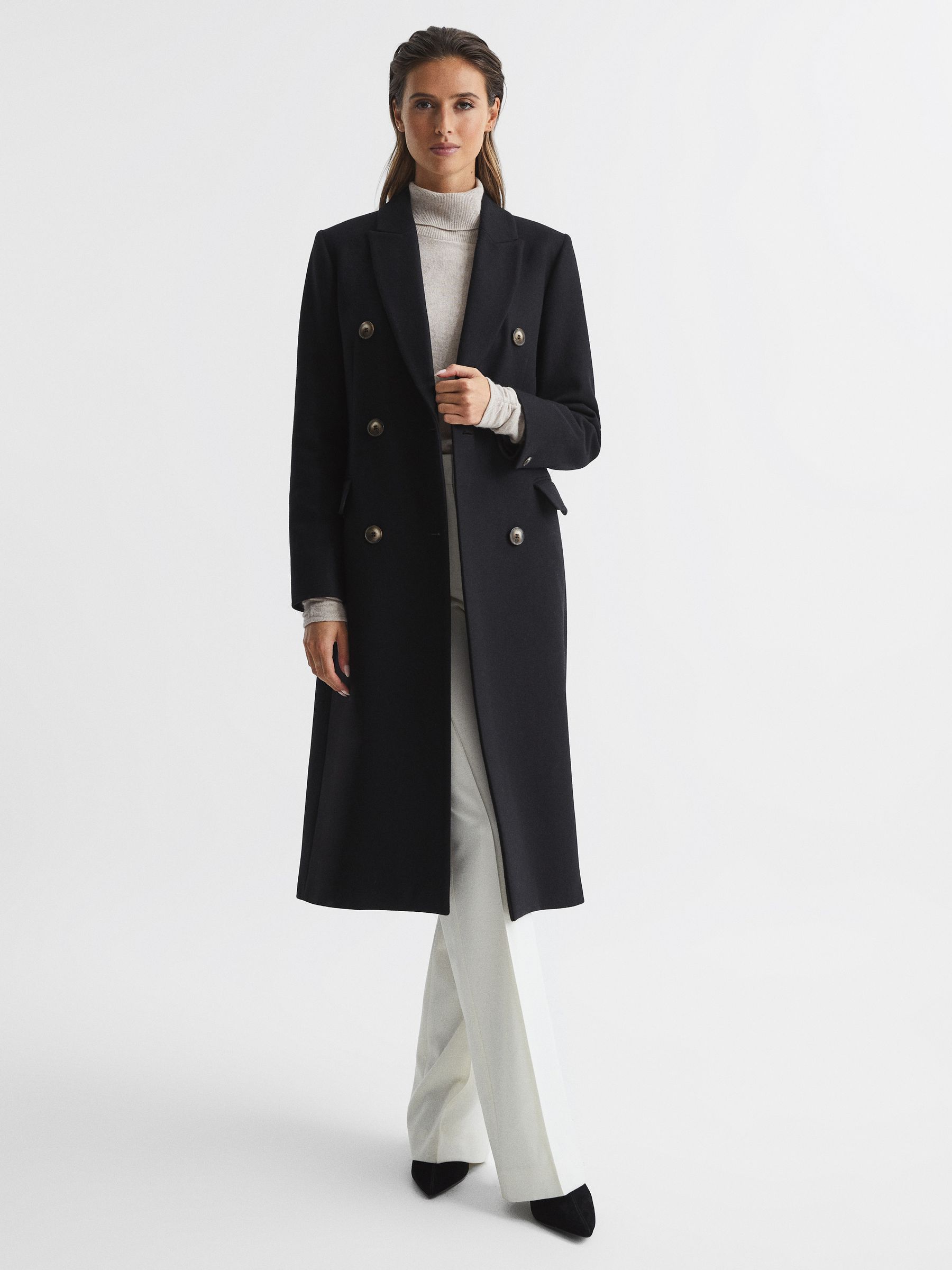 Reiss Longline Double Breasted Formal Coat in Black REISS
