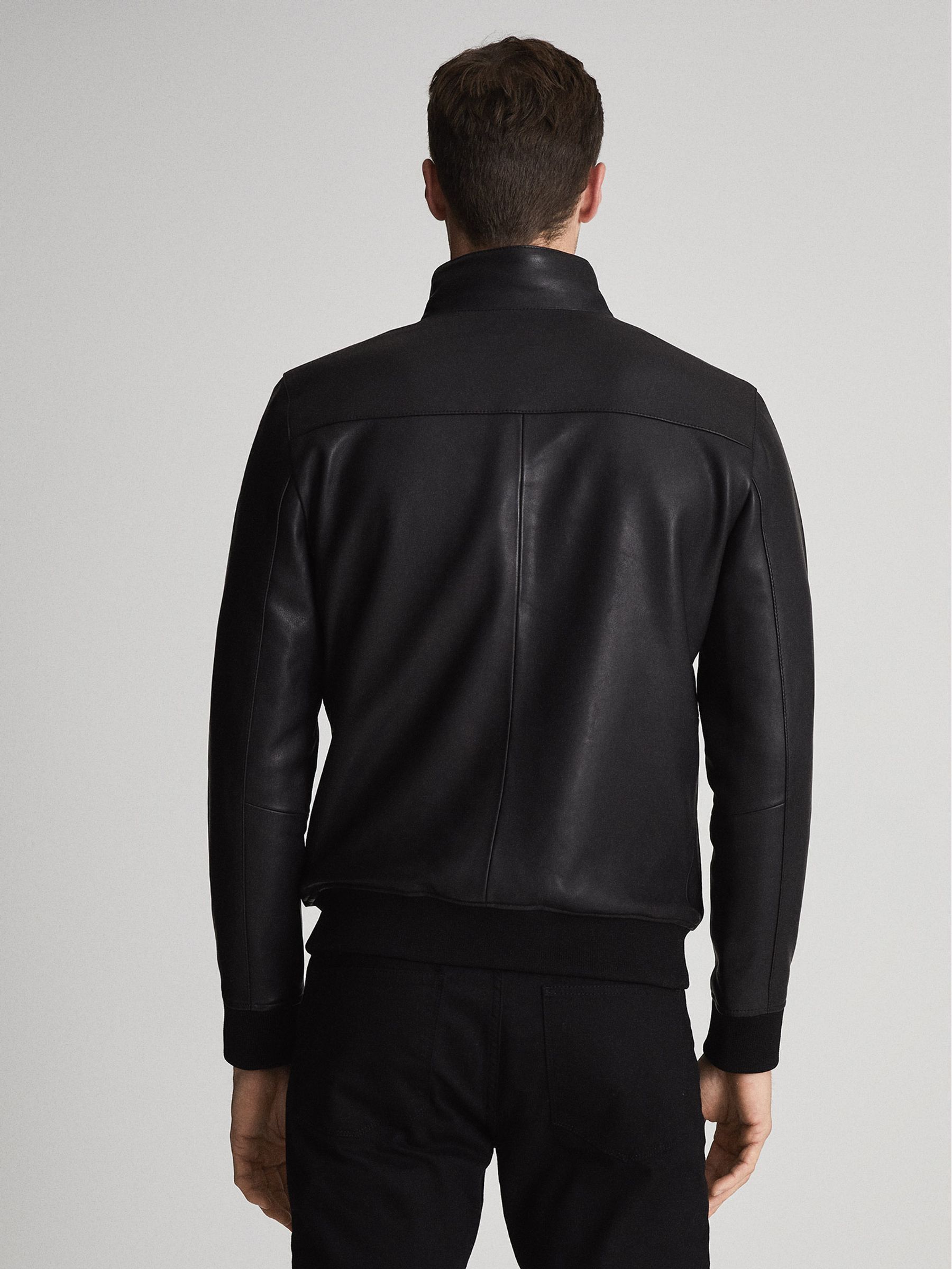 Funnel Neck Leather Jacket in Black