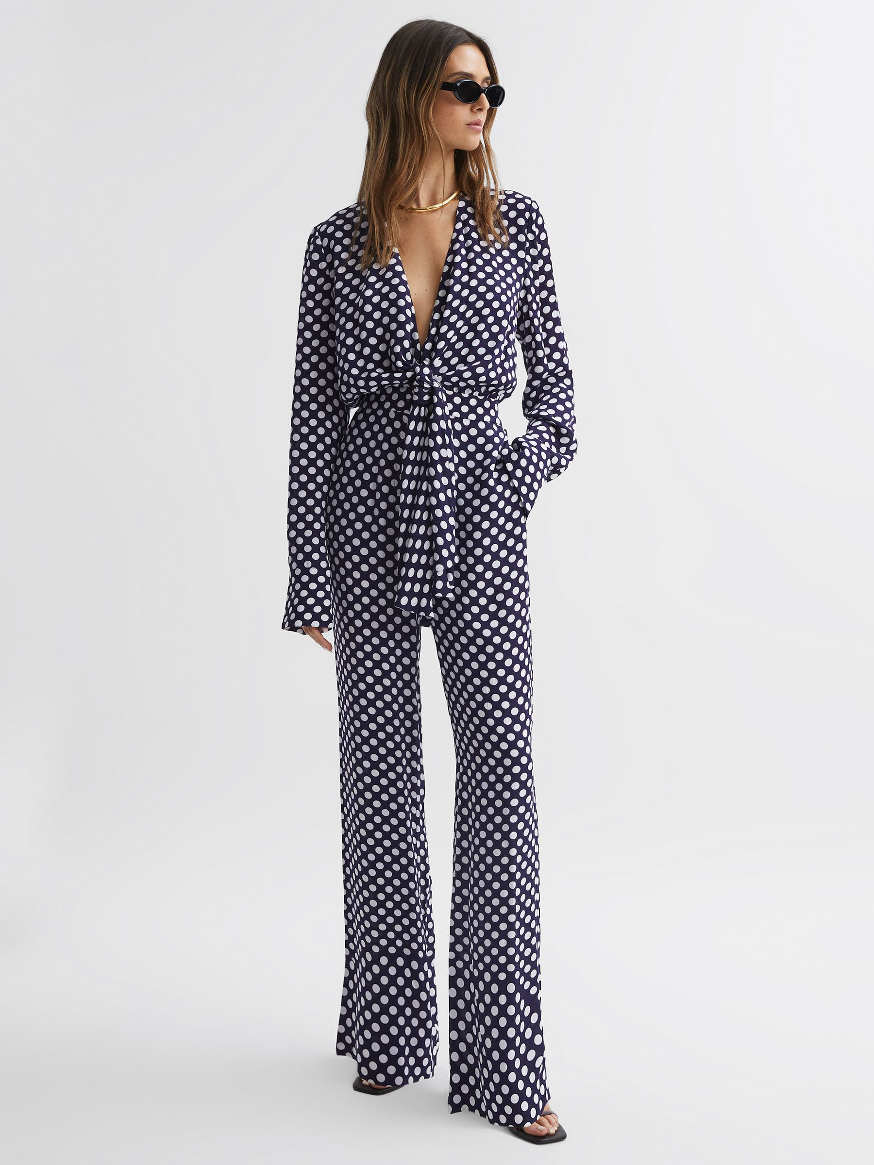 Reiss Wide Leg Polka Dot Jumpsuit in Navy REISS