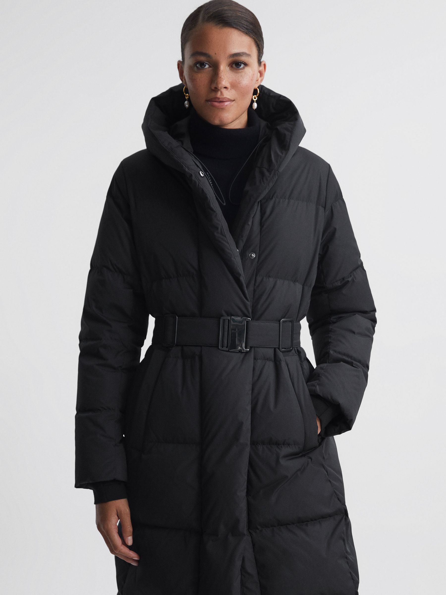 Reiss Petite Long Belted Puffer Coat in Black REISS