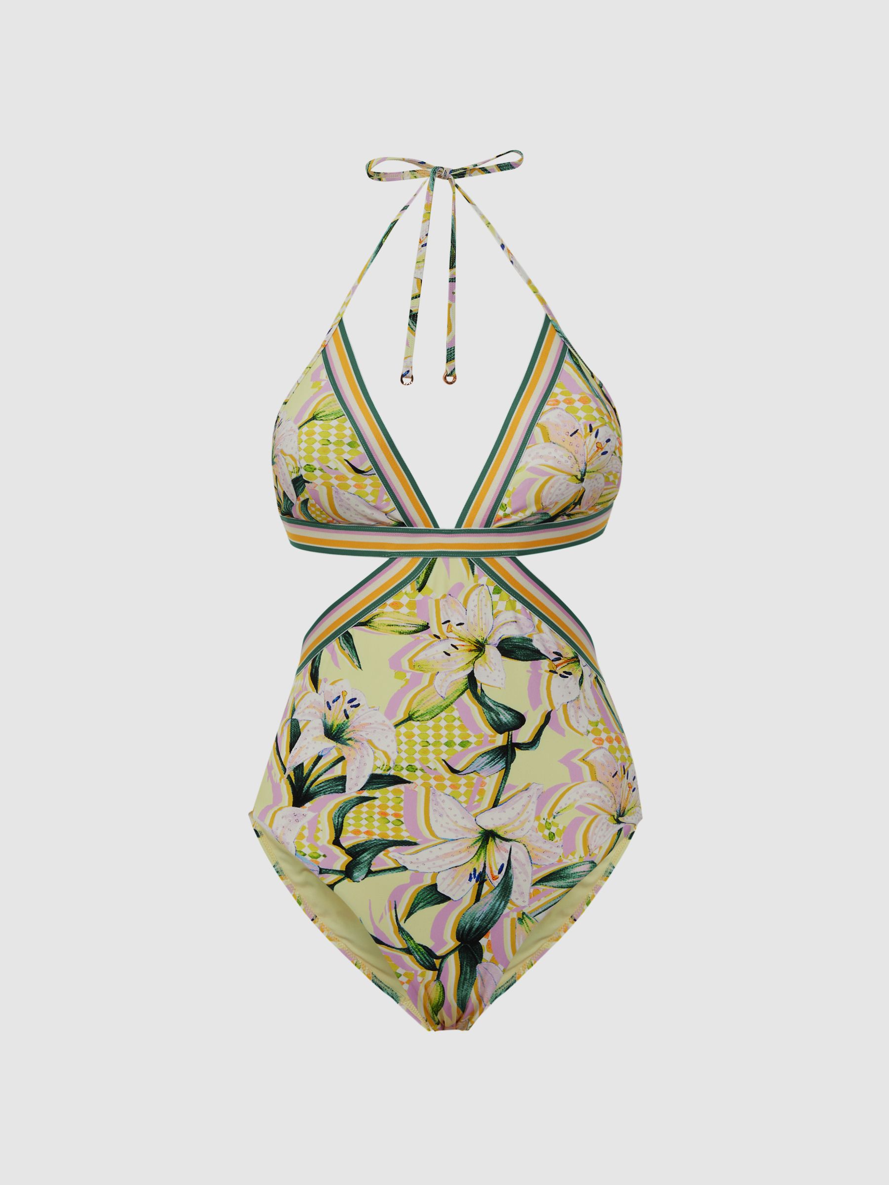 Reiss Floral Print Cut Out Swimsuit in Yellow Print REISS