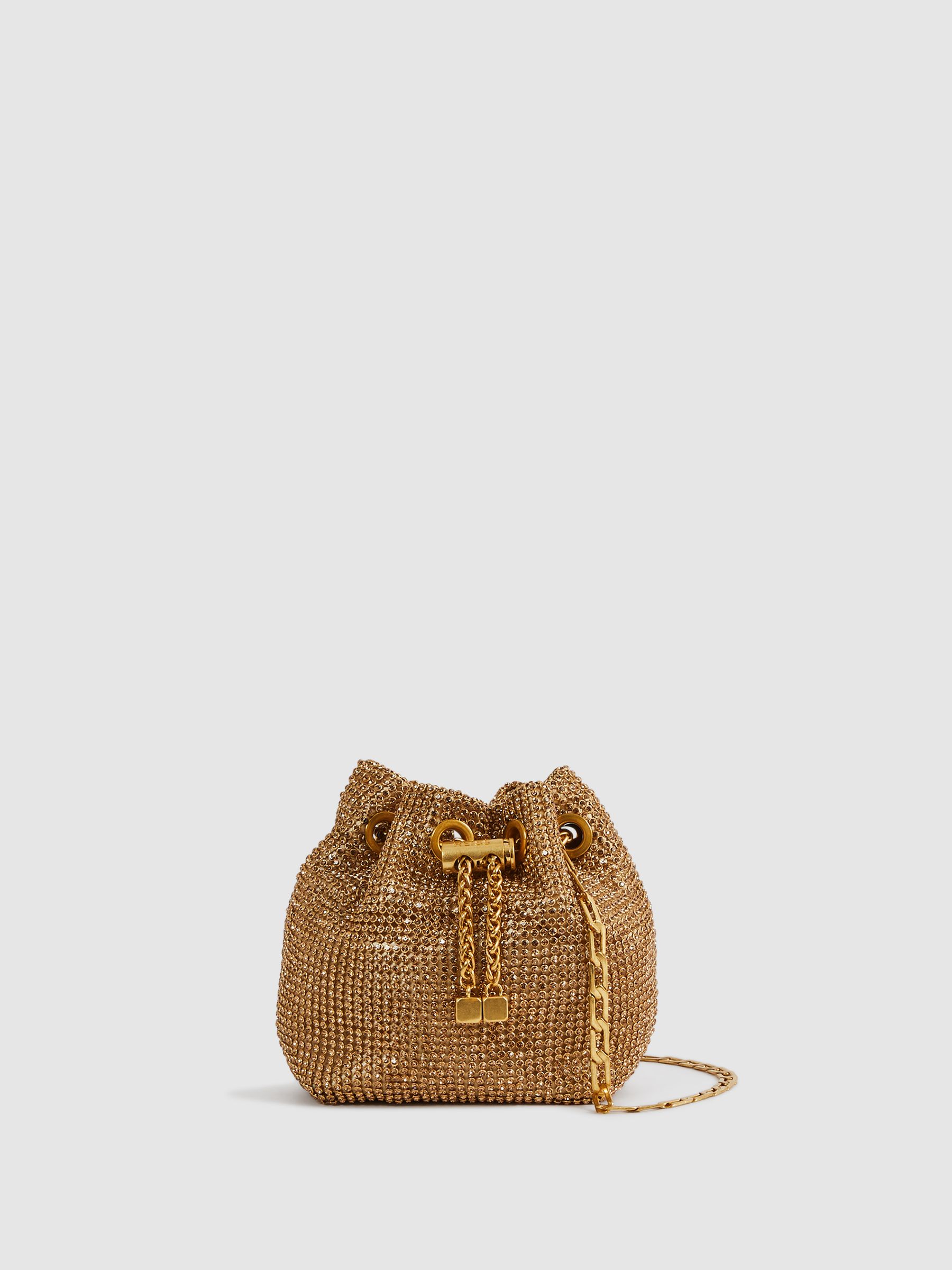 Crystal Mini Bucket Bag in Gold