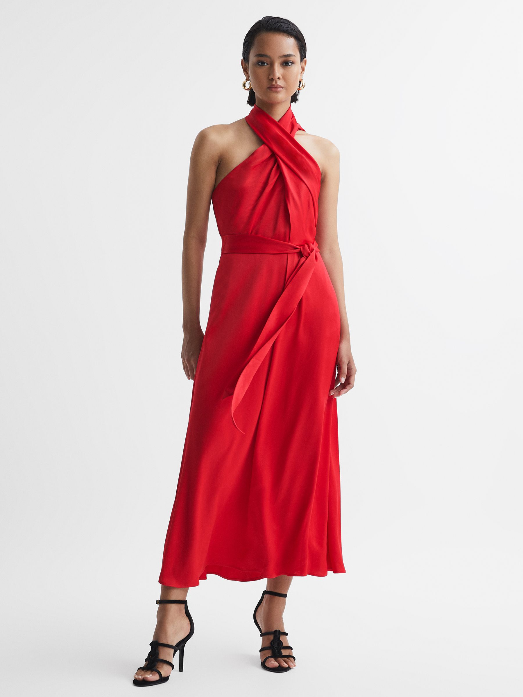 Reiss Satin Halter Neck Fitted Midi Dress in Red REISS