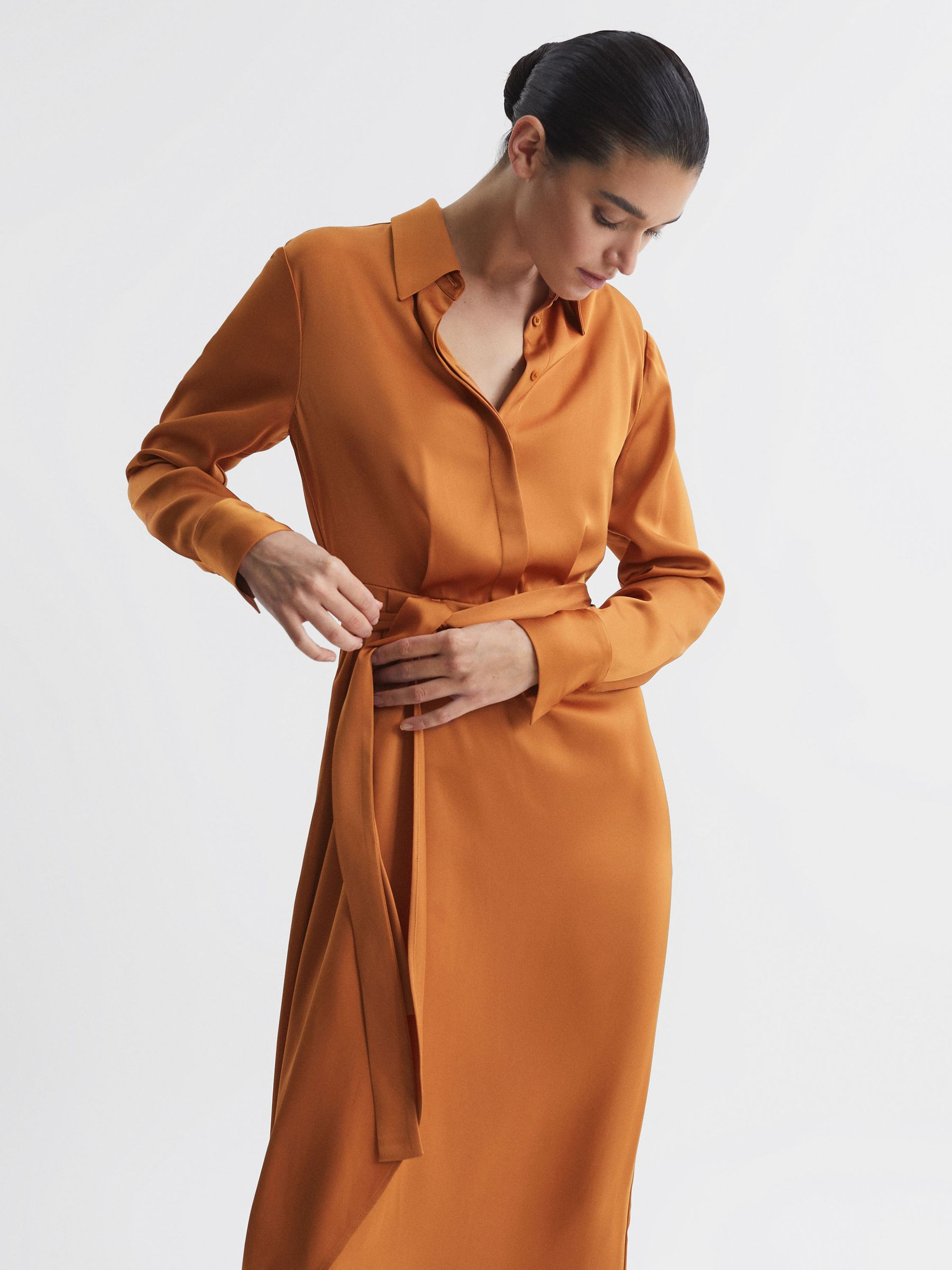 Reiss Satin Shirt Style Midi Dress in Rust REISS