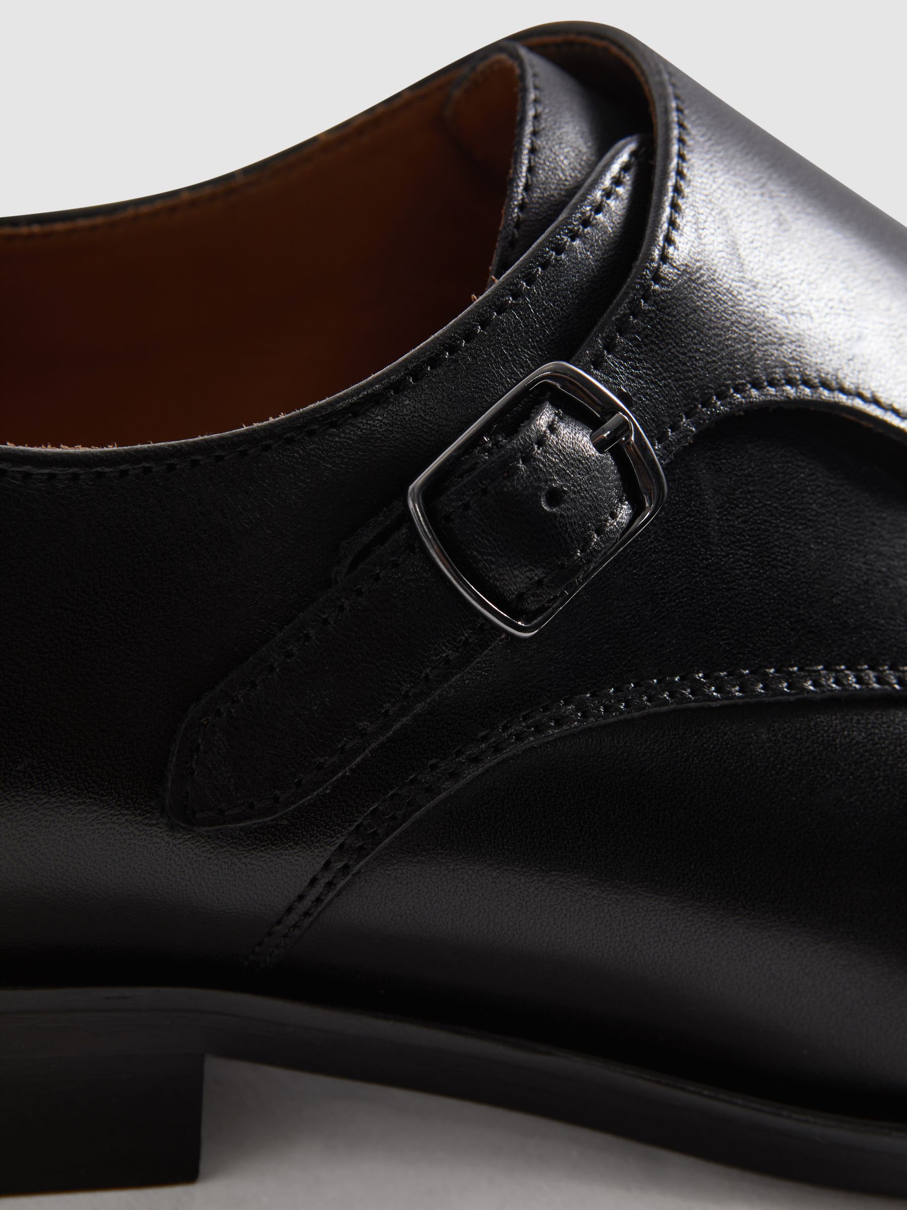 Reiss Leather Double Monk Strap Shoes in Black REISS