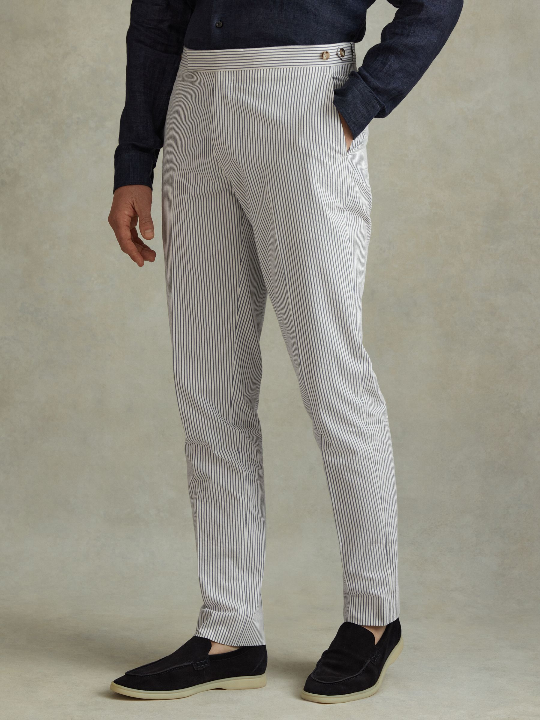 Reiss Barr Soft Blue White Cotton Seersucker Adjuster Slim Fit Trousers REISS