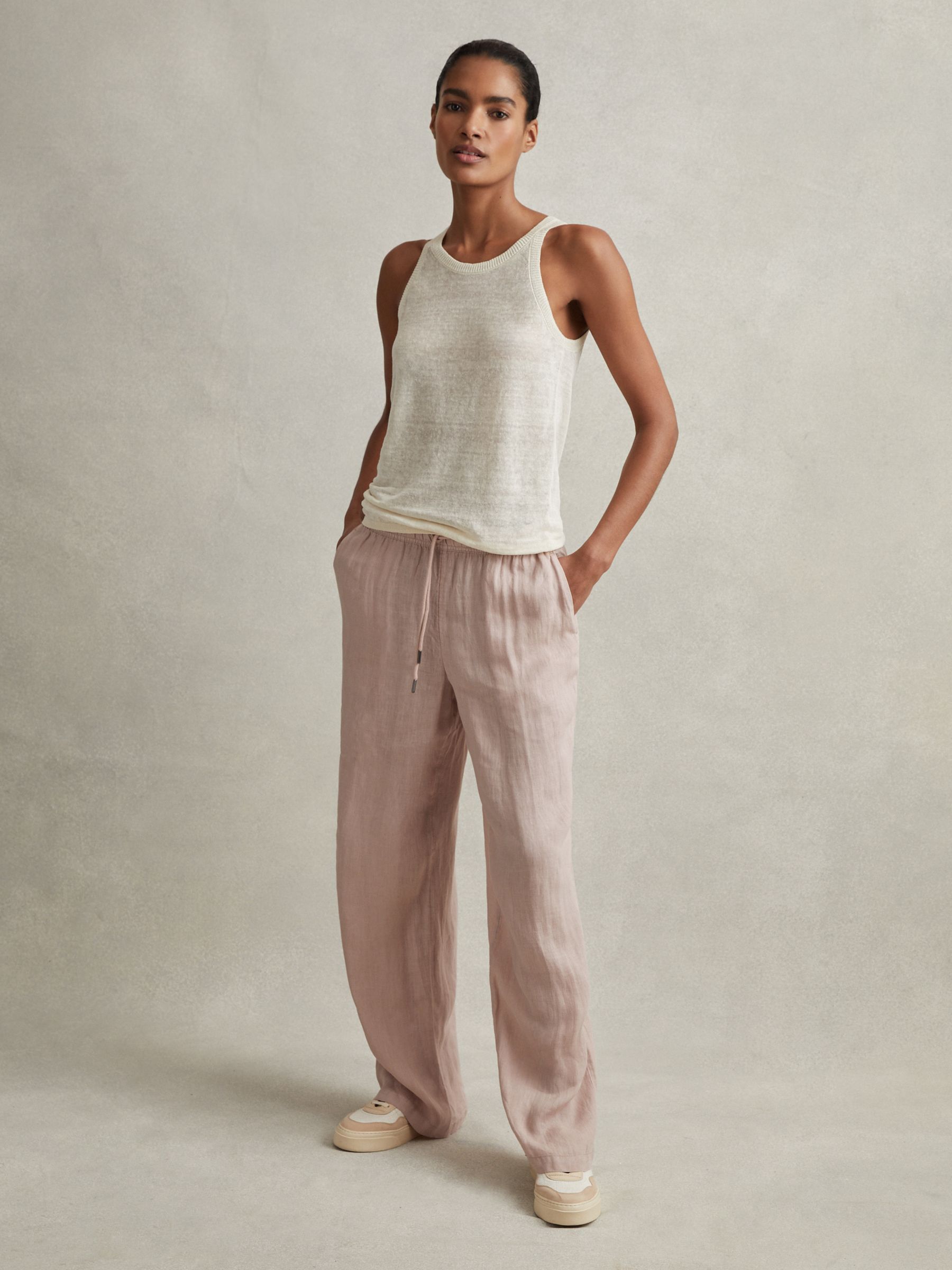 Reiss Garment Dyed Wide Leg 100 Linen Trousers in Dusty Pink REISS