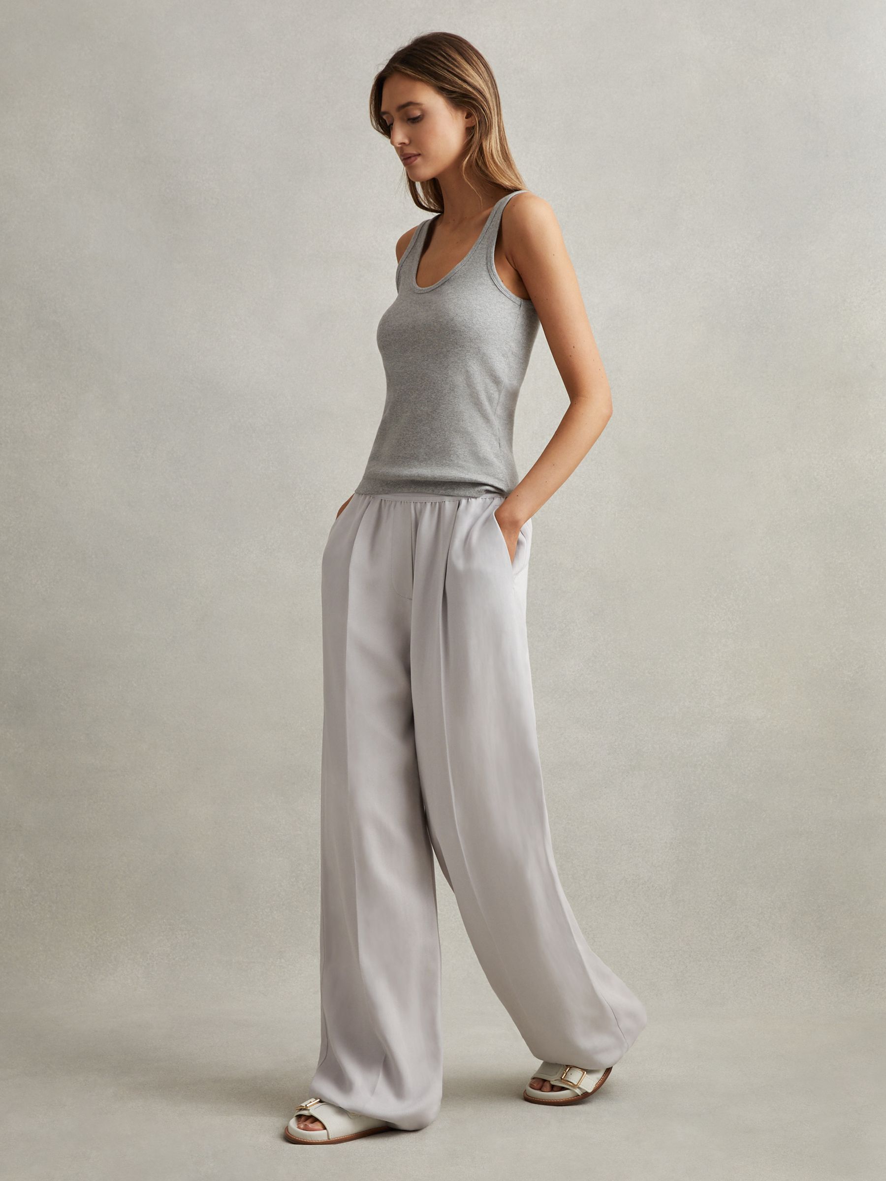 Reiss Petite Lyocell Linen Wide Leg Trousers in Light Blue REISS