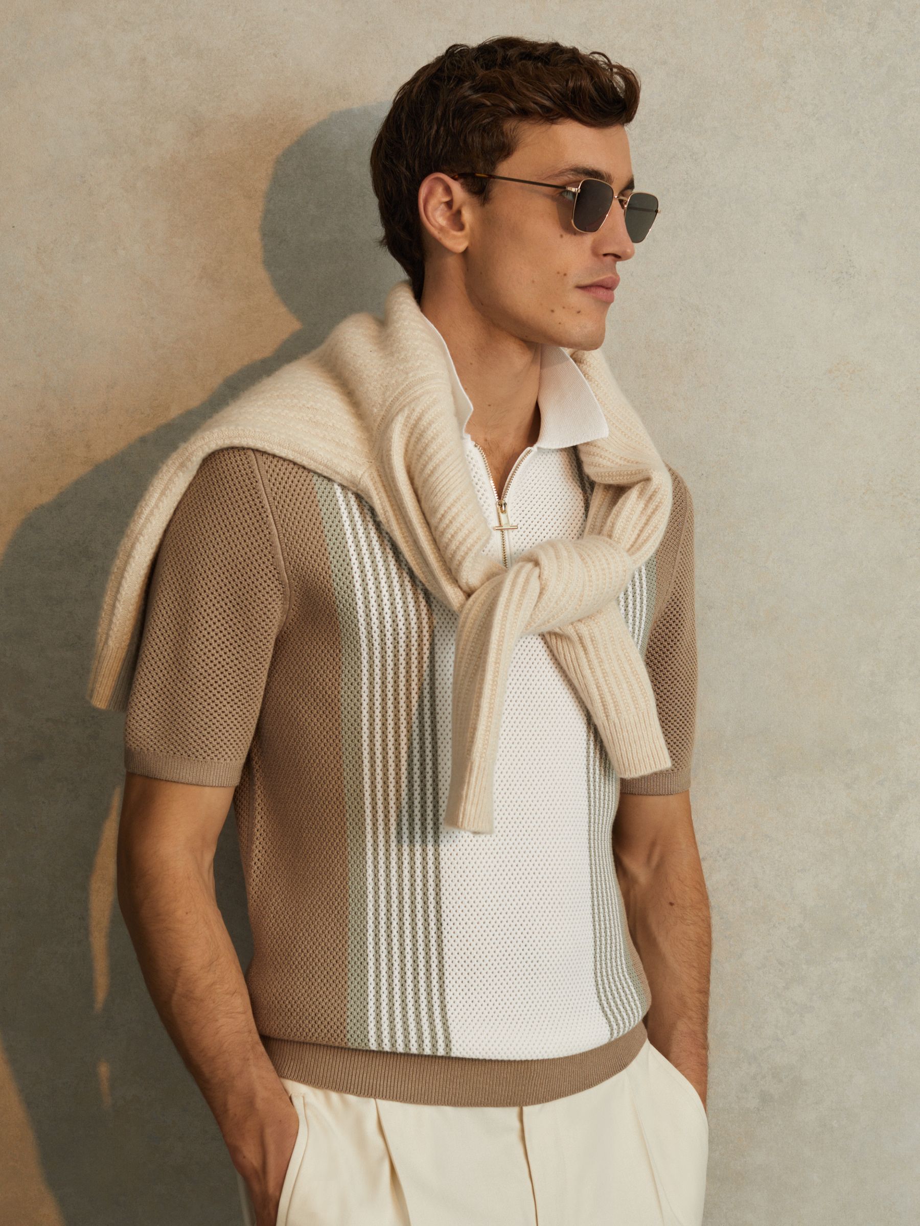 Open Stitch Half Zip Polo Shirt in Camel White