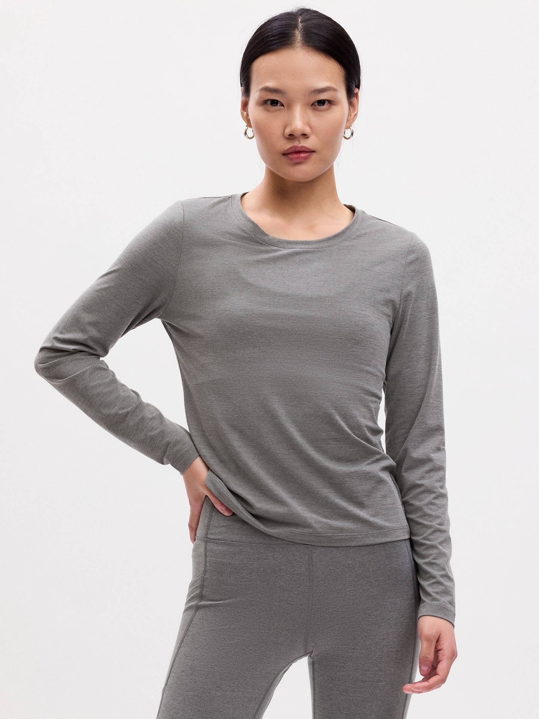 Grey Fitted Ruched Long Sleeve Crew Neck Top