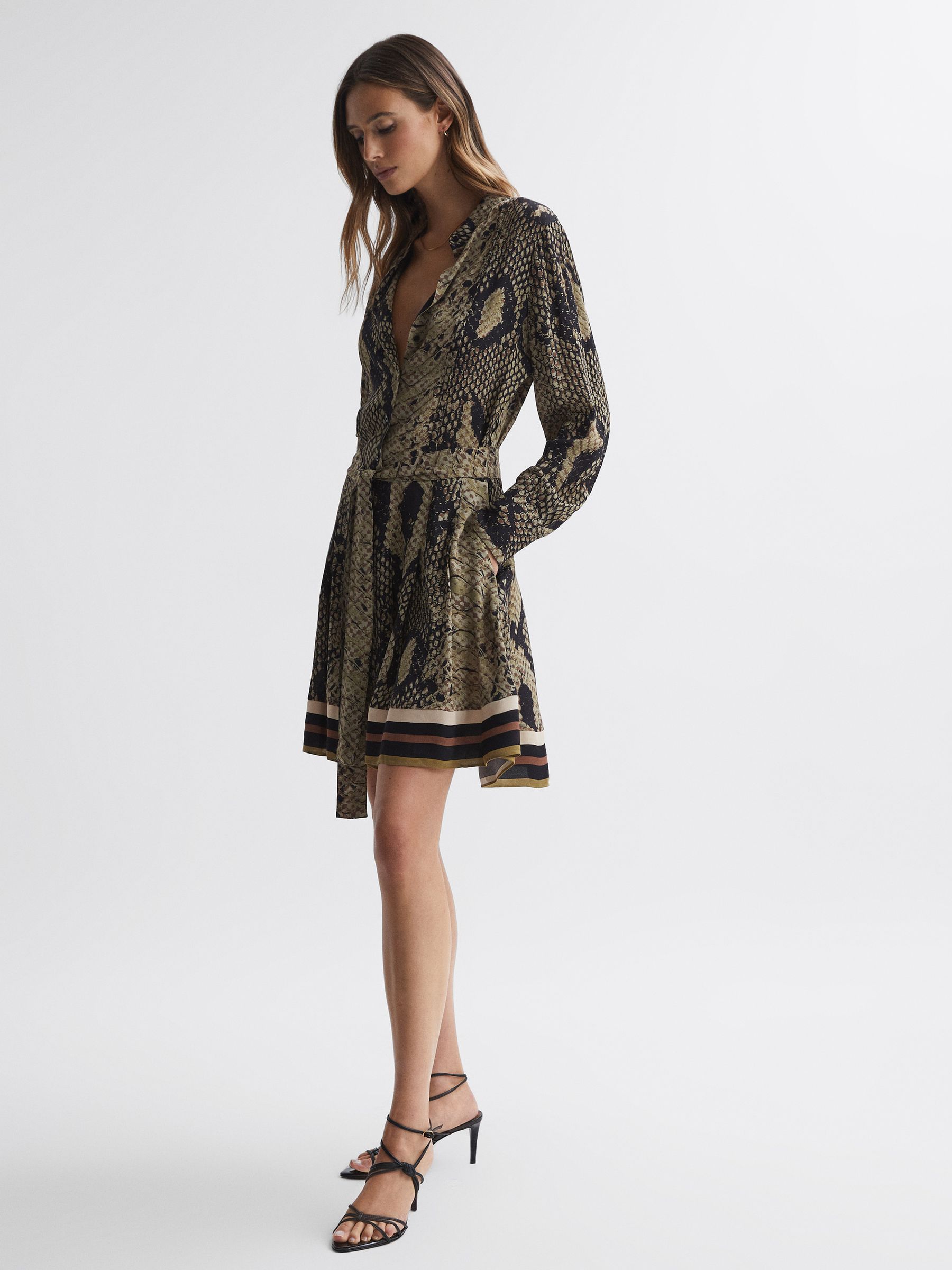 Reiss Snake Print Belted Mini Dress in Brown REISS