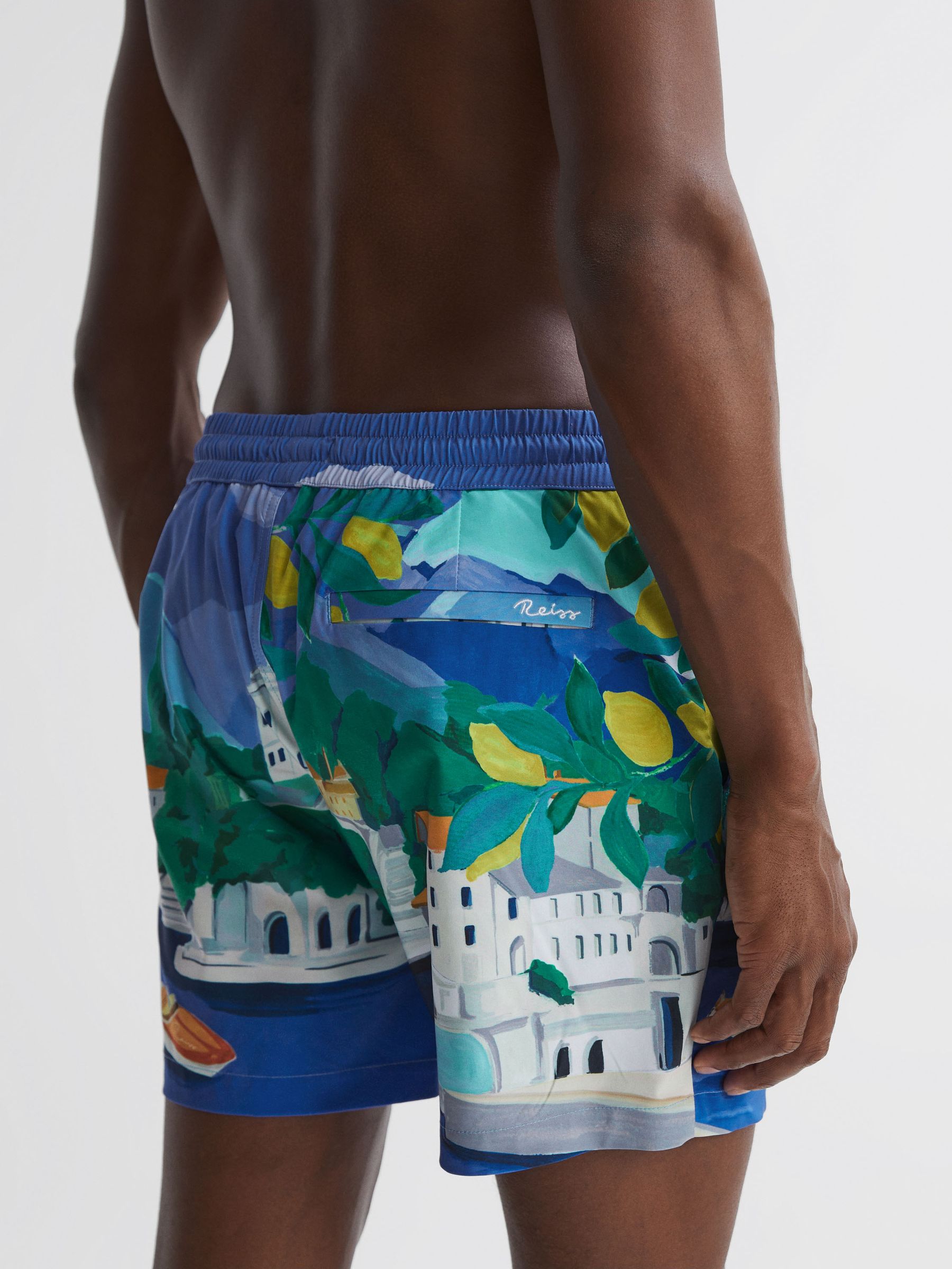 Reiss Reiss Che Bespoke Print Drawstring Swim Shorts in Blue Multi REISS