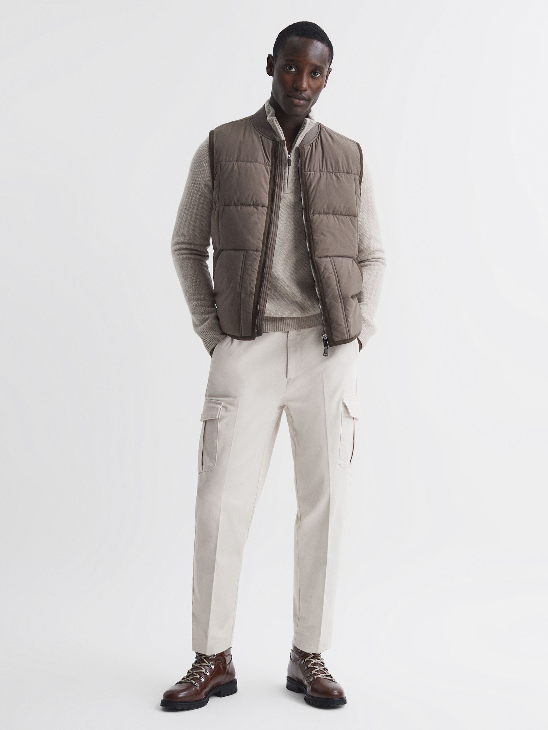 Reiss Tapered Brushed Cotton Cargo Trousers in Ecru REISS