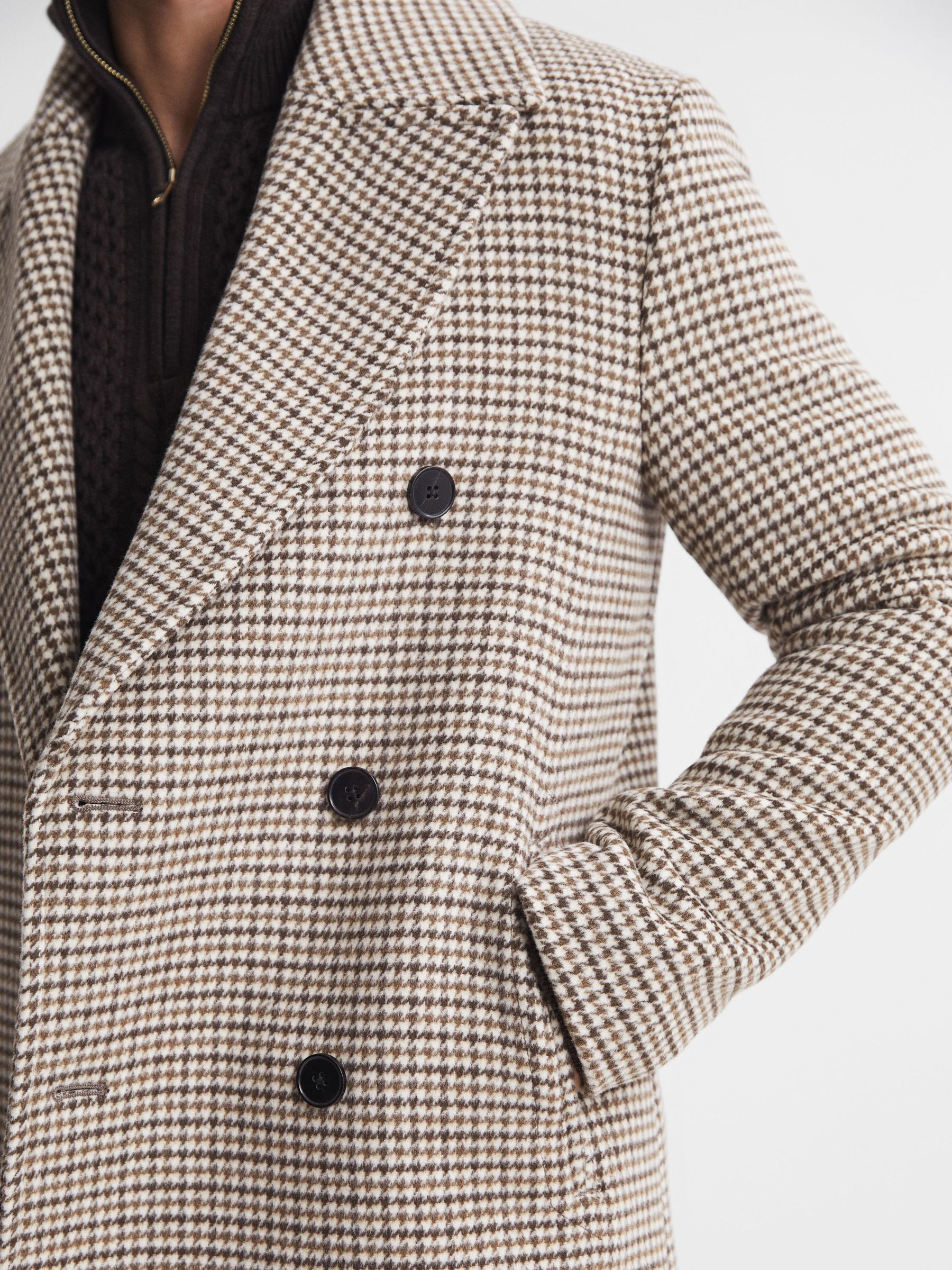 Wool Dogtooth Double Breasted Coat in Oatmeal