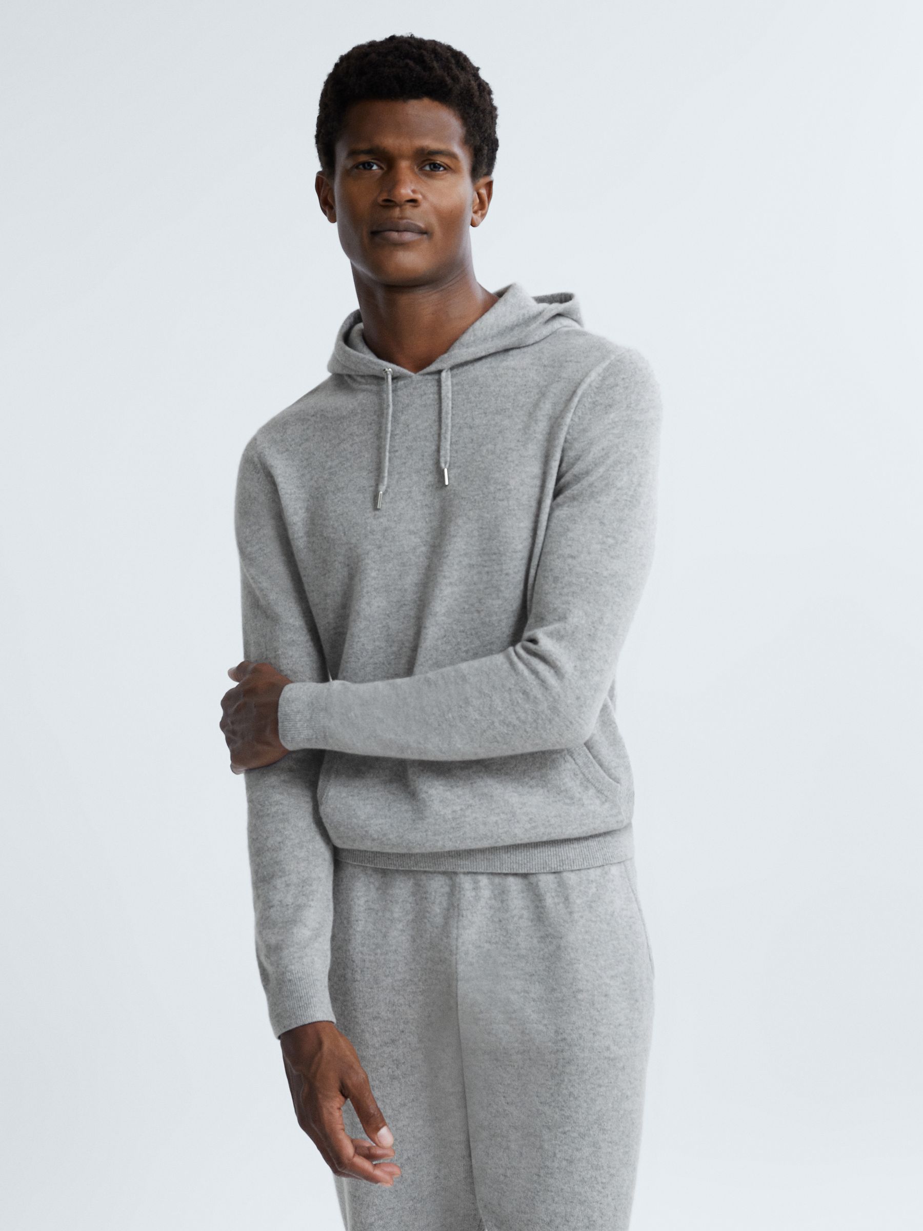 Reiss Atelier Cashmere Hoodie in Soft Grey Melange REISS