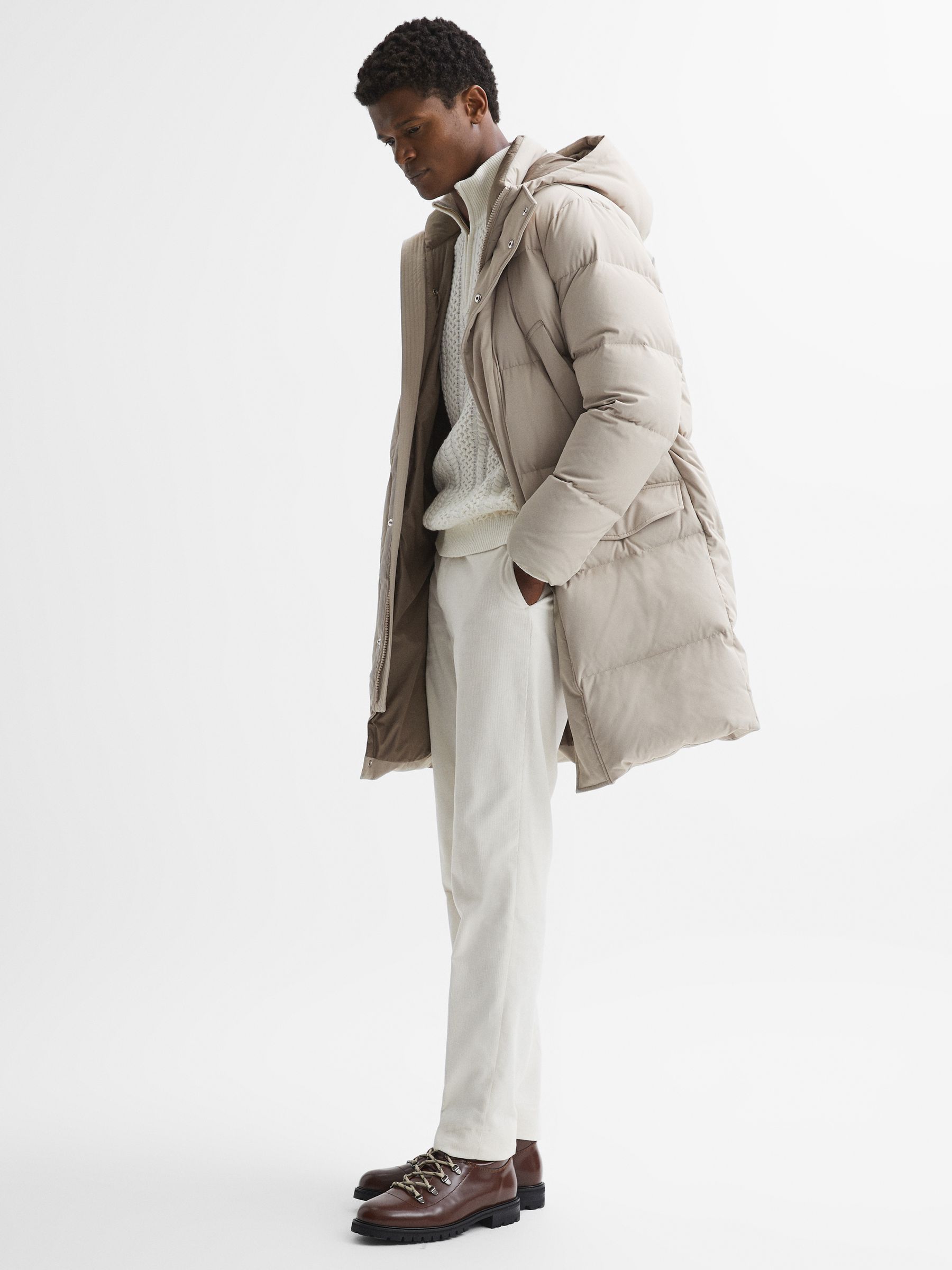 Reiss Hooded Mid Length Puffer Jacket in Stone REISS