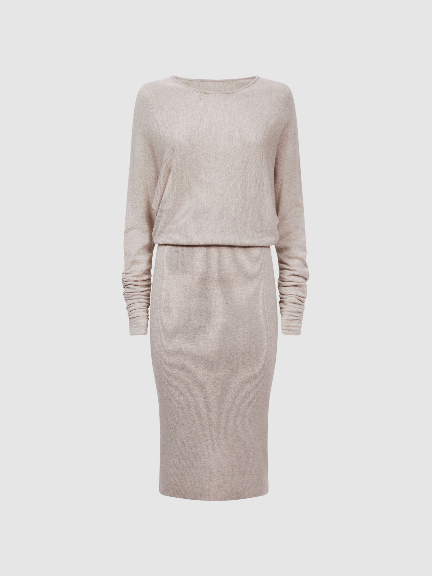 Reiss Wool Blend Ruched Sleeve Midi Dress in Neutral REISS