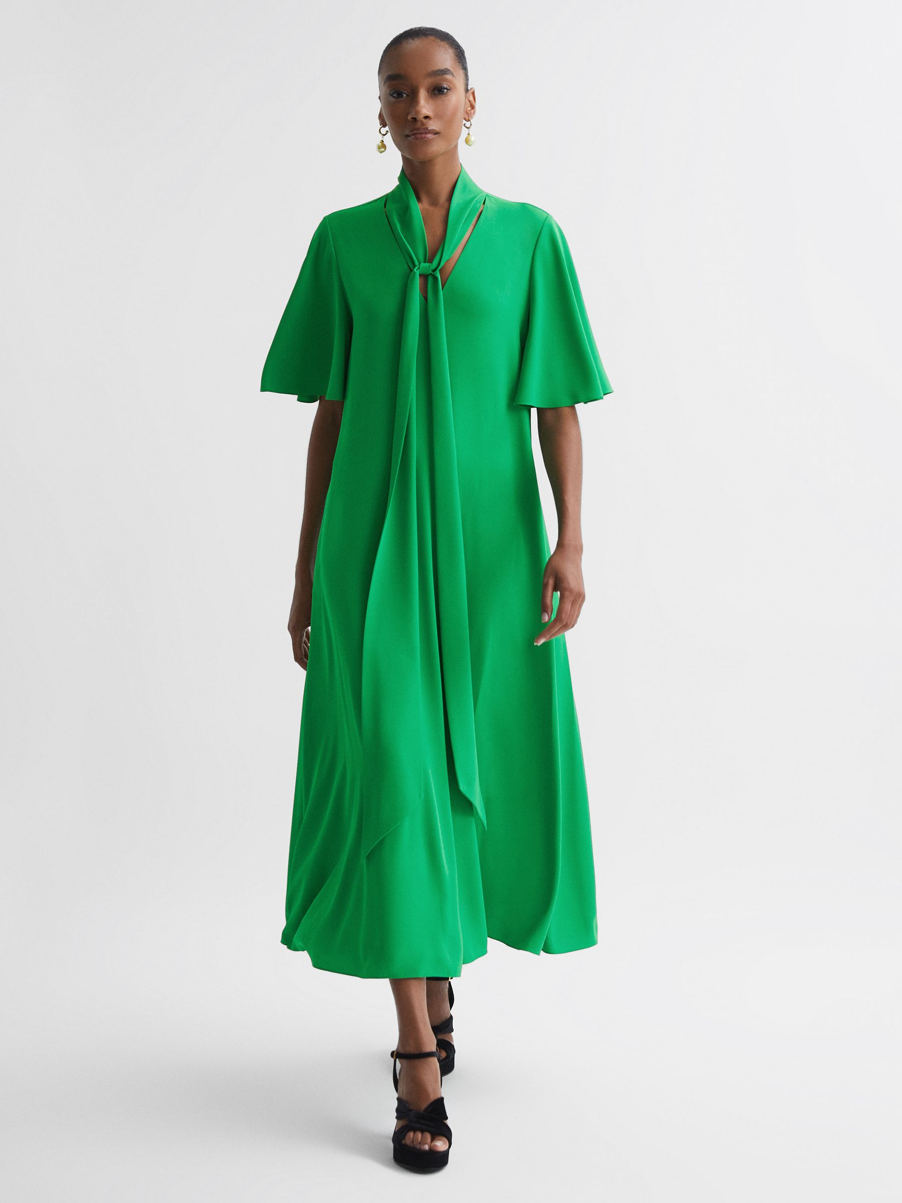 Reiss Florere Tie Neck Midi Dress in Bright Green - REISS