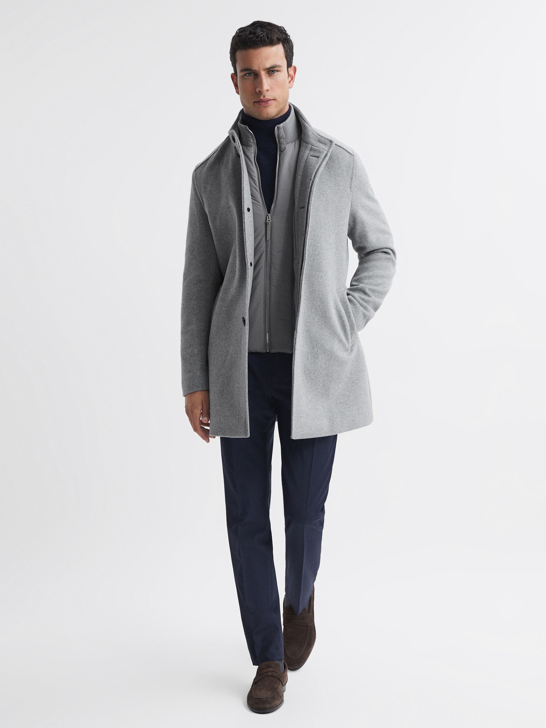 Wool Removable Insert Longline Coat in Grey