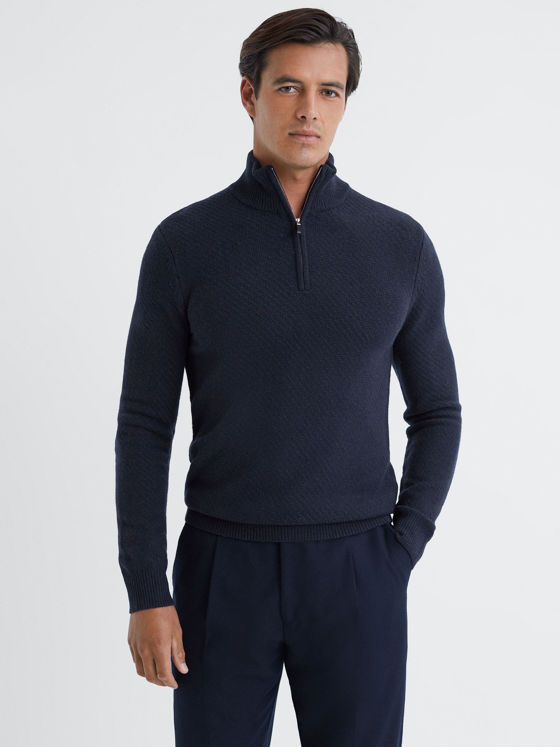 Reiss Slim Fit Knitted Half Zip Funnel Neck Jumper in Navy REISS
