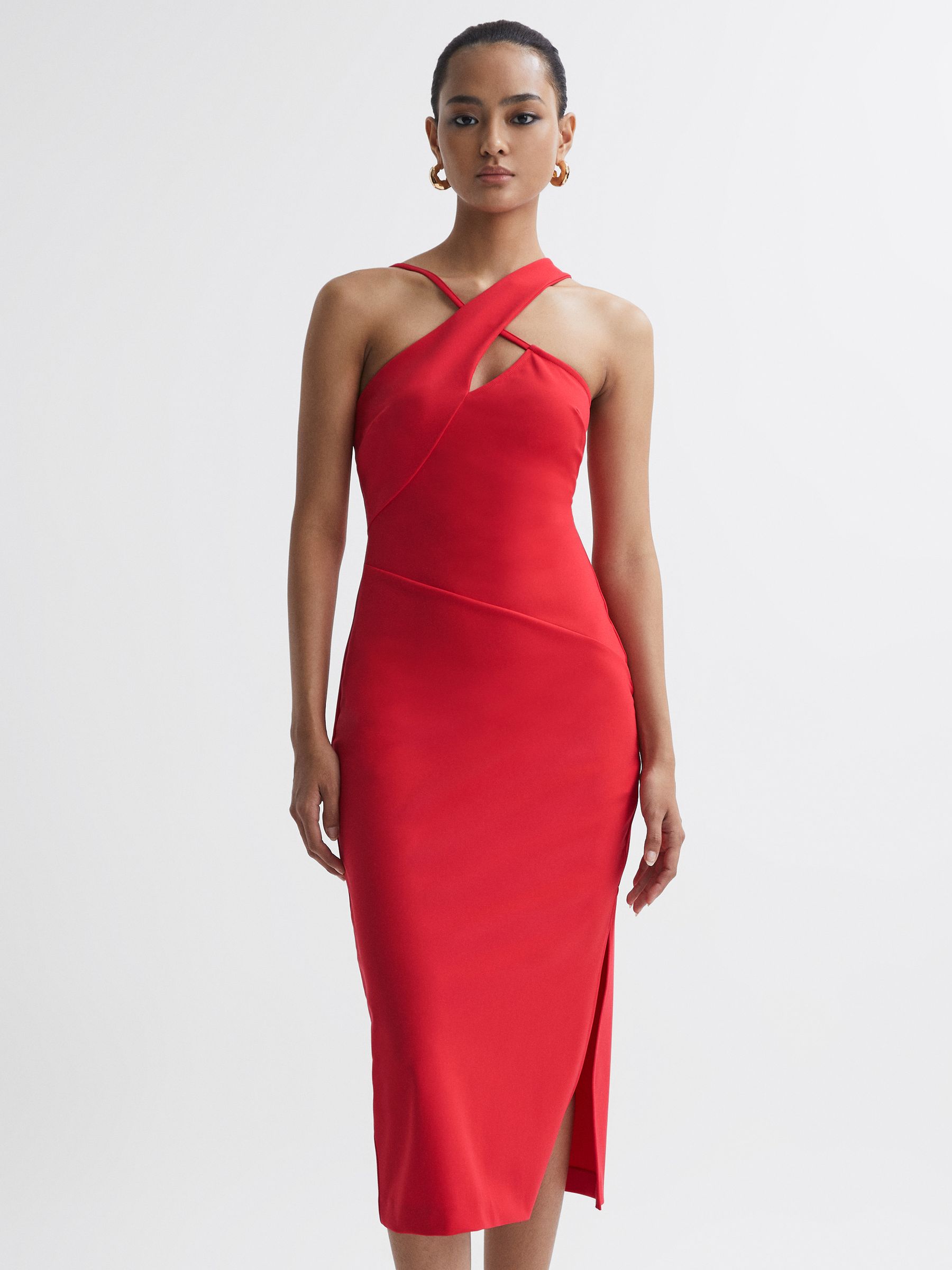 Reiss Bodycon Cut Out Midi Dress in Red REISS