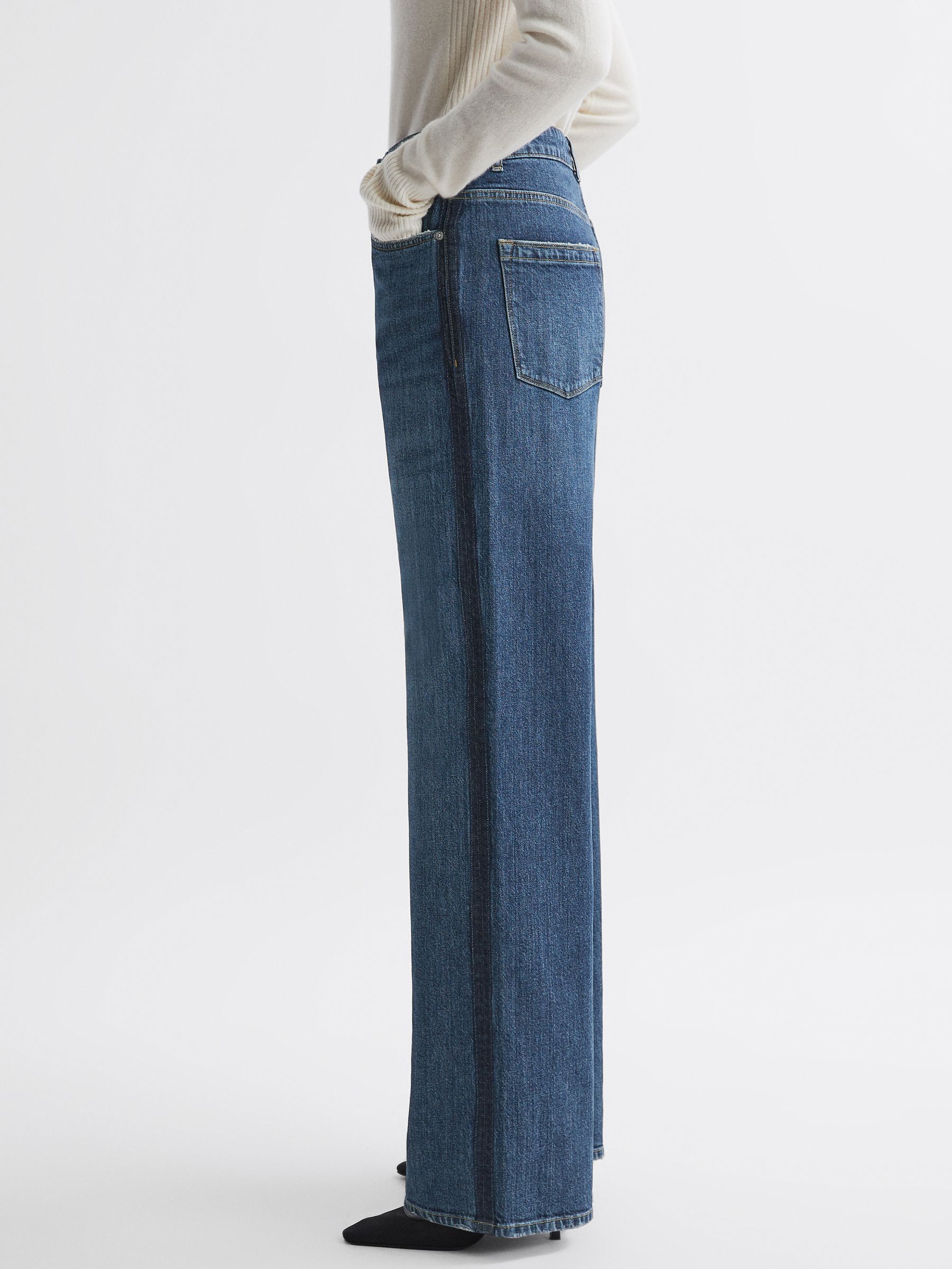 Reiss Mid Rise Straight Leg Side Stripe Jeans in Dark Blue REISS
