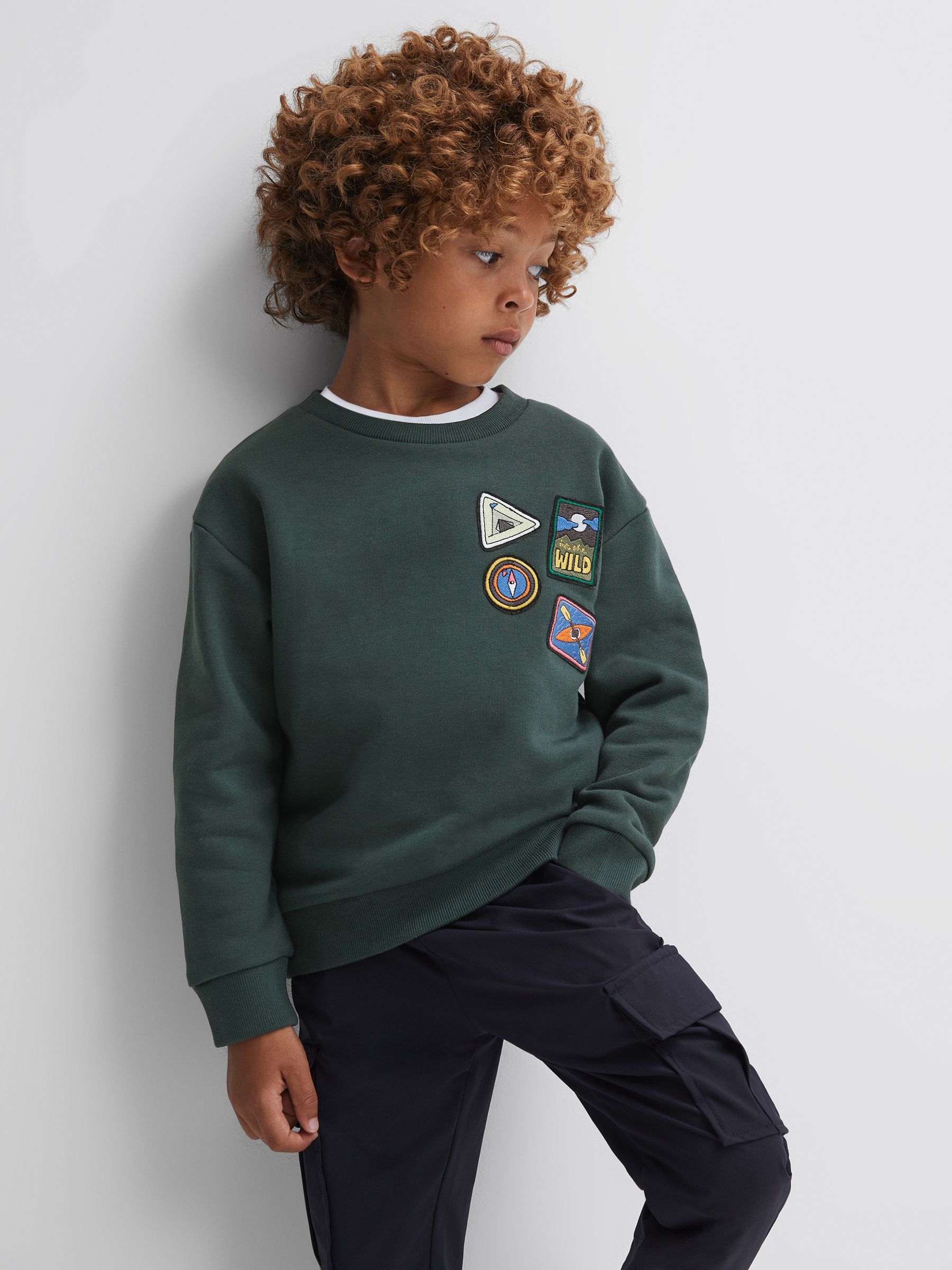 Reiss Junior Relaxed Fit Patch Crew Neck Jumper in Forest Green REISS