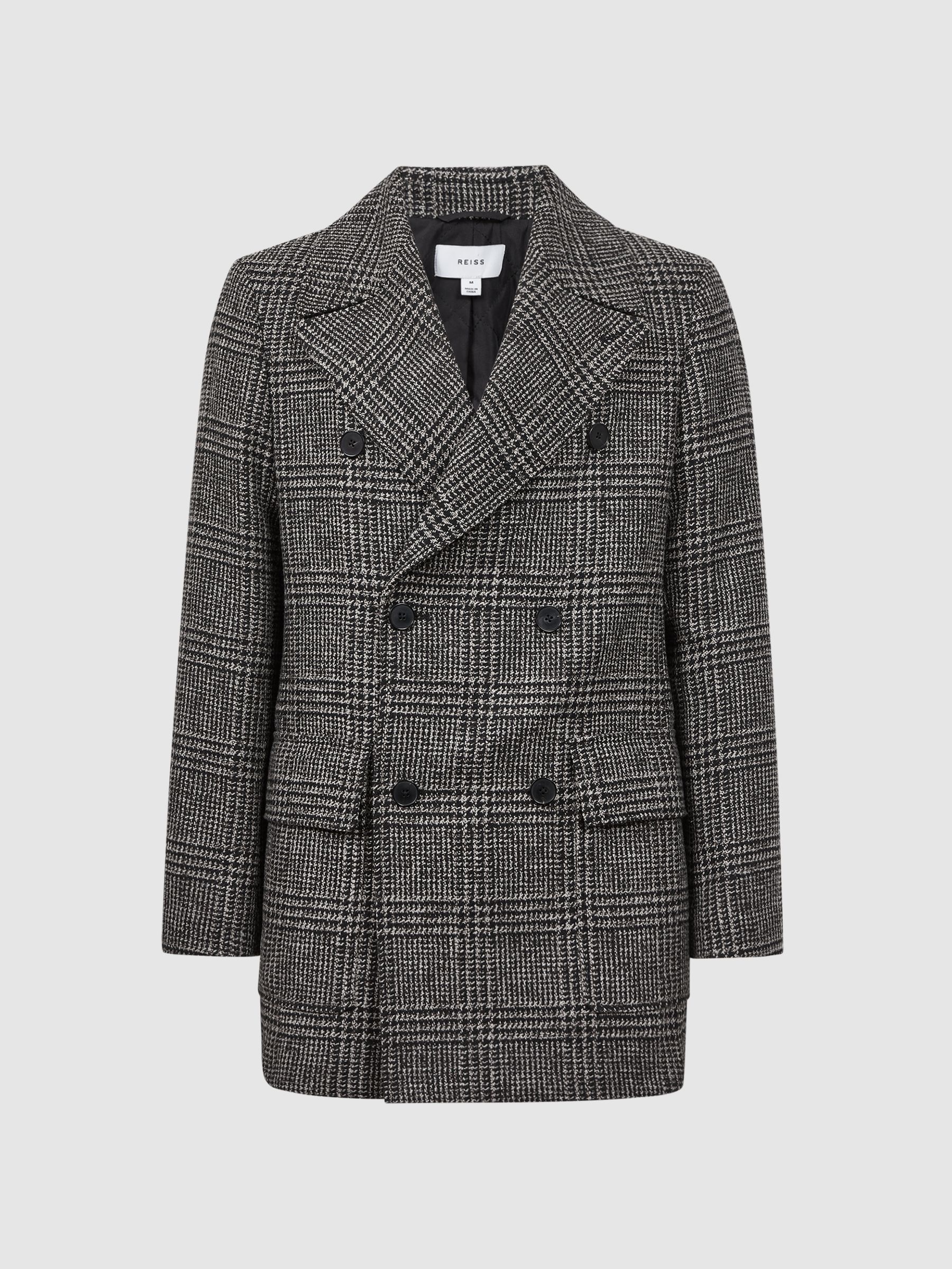 Wool Double Breasted Check Coat in Black Brown
