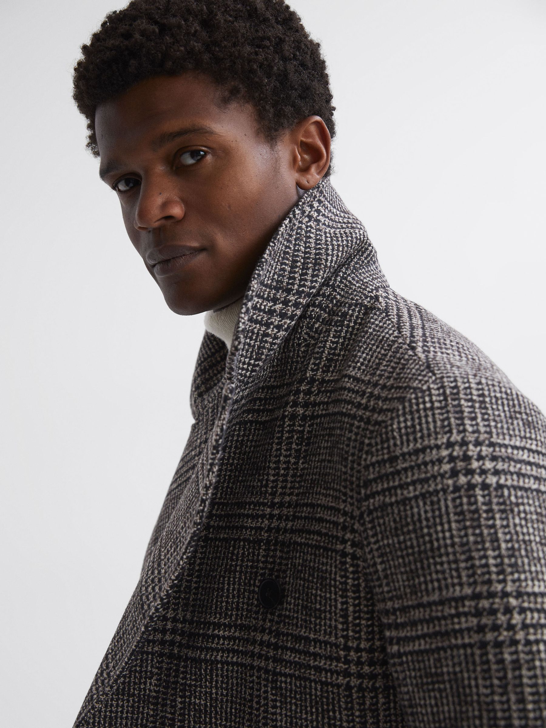Reiss Wool Double Breasted Check Coat in Black Brown REISS